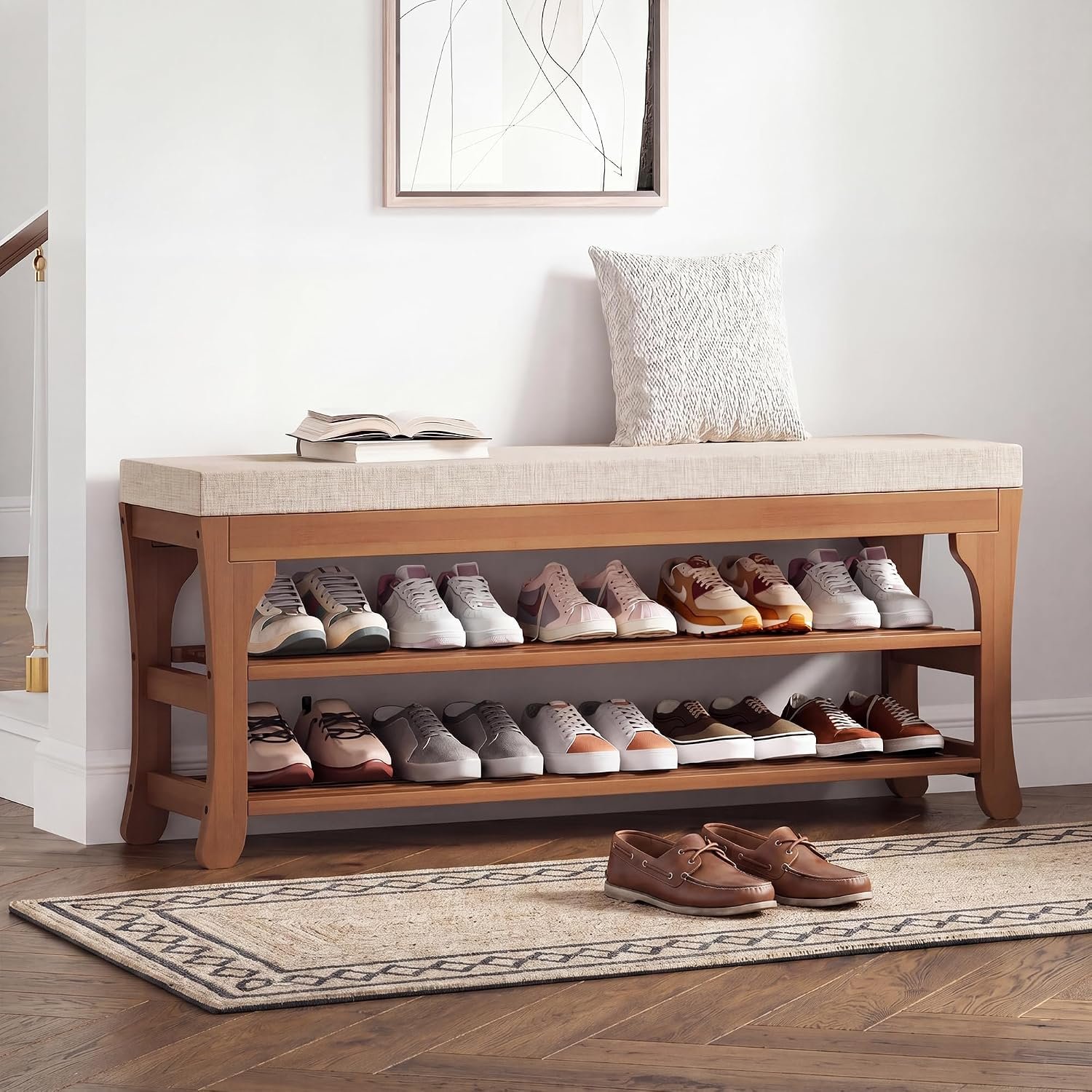 PETKABOO 39.4″ Shoe Storage Bench with Cushion, Bamboo Shoe Rack Bench, 2-Tier Entryway Shoe Organizer, Supports up to 380 LB, for Hallway, Bedroom, Closet, Living Room