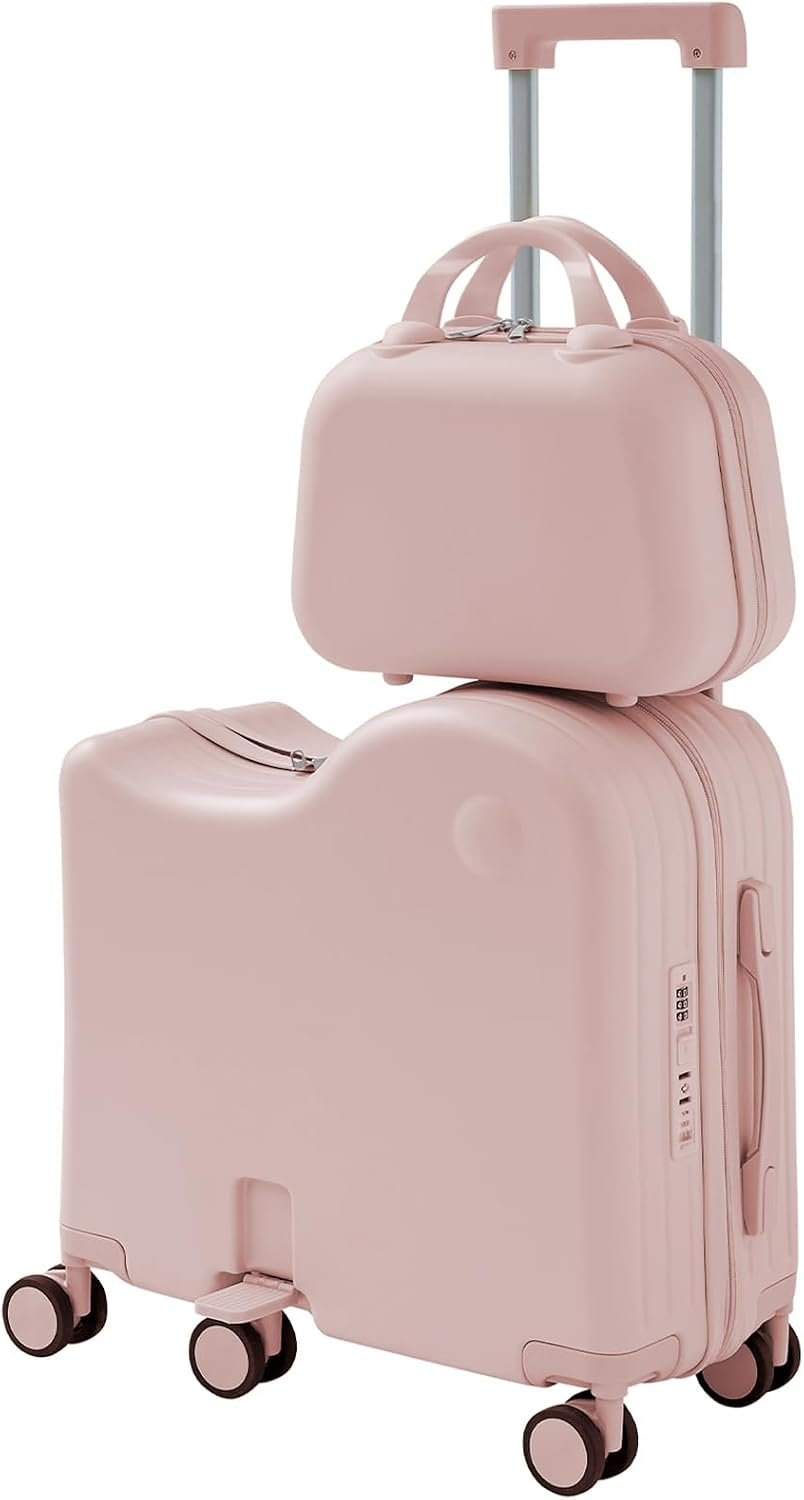 TABU Ride On Luggage Set with Bag, Carry On Suitcase for Kids, Pink