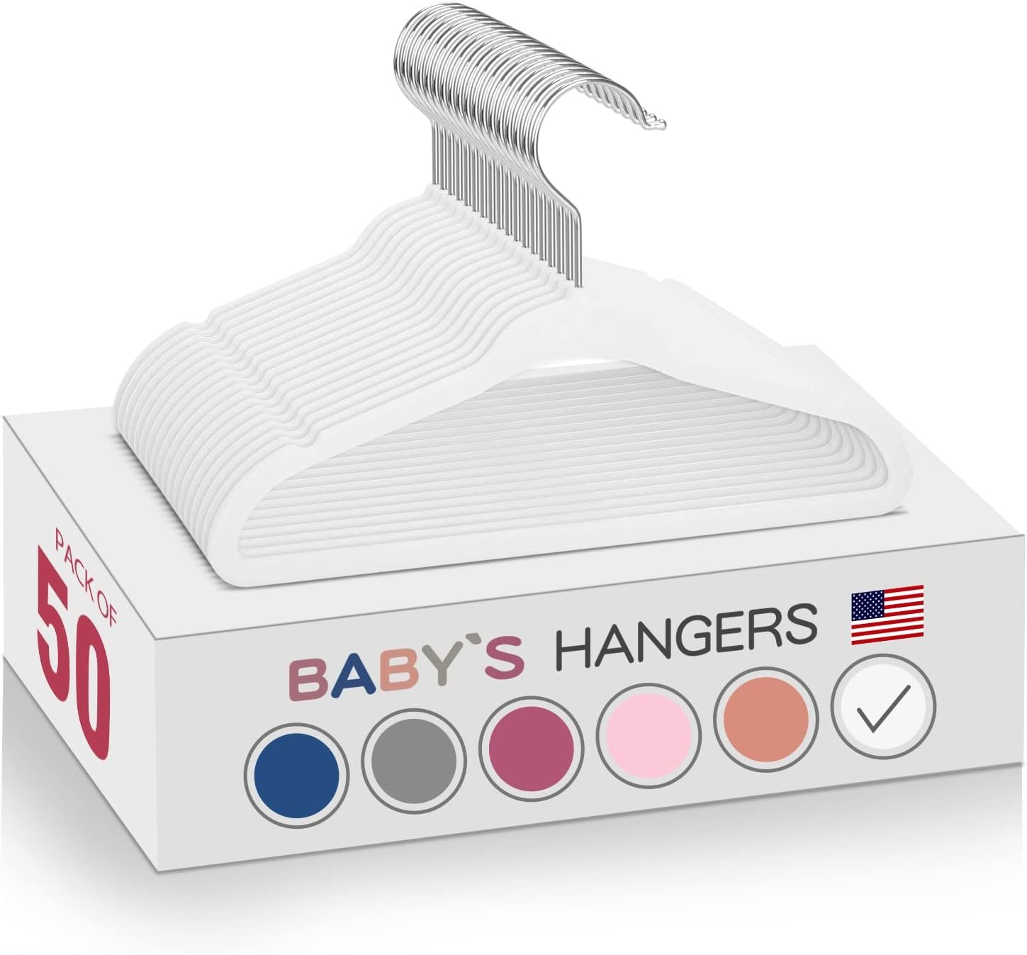 White Velvet Kids Hangers 50 Pack – 11″ Ultra Thin Non-Slip Clothes Hangers for Baby/Toddler/Daycare | 360° Rotating Hooks, Space-Saving Nursery Organization