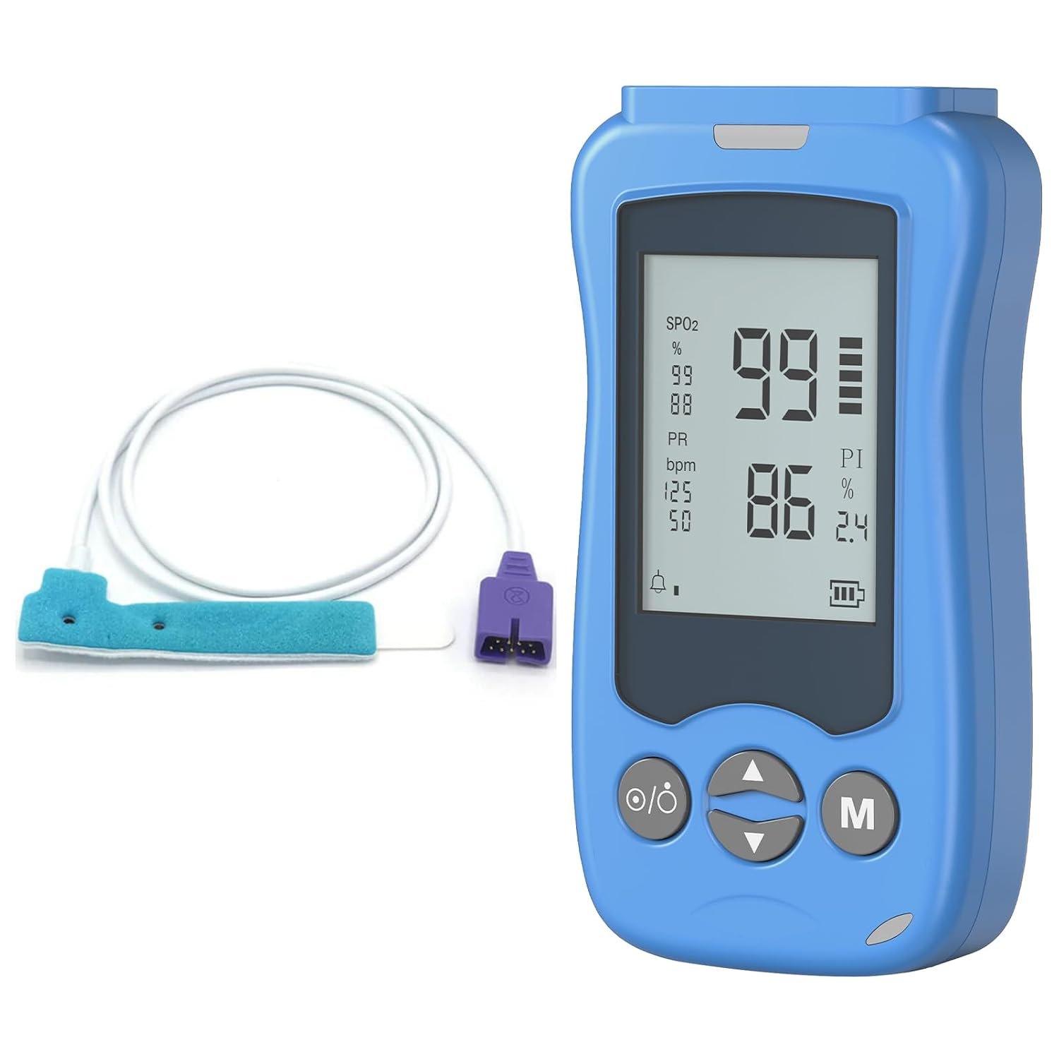 Handheld Fingertip Pulse Oximeter, Medical Grade Pediatric Pulse Oximeter Wrap Probe for Infant Kids Adult, Continuous Pulse Oximeter and Spot Checking, Fast Reading SpO2 Pulse Rate Respiration Rate, Adjustable Audio Visual Alarm (Blue)