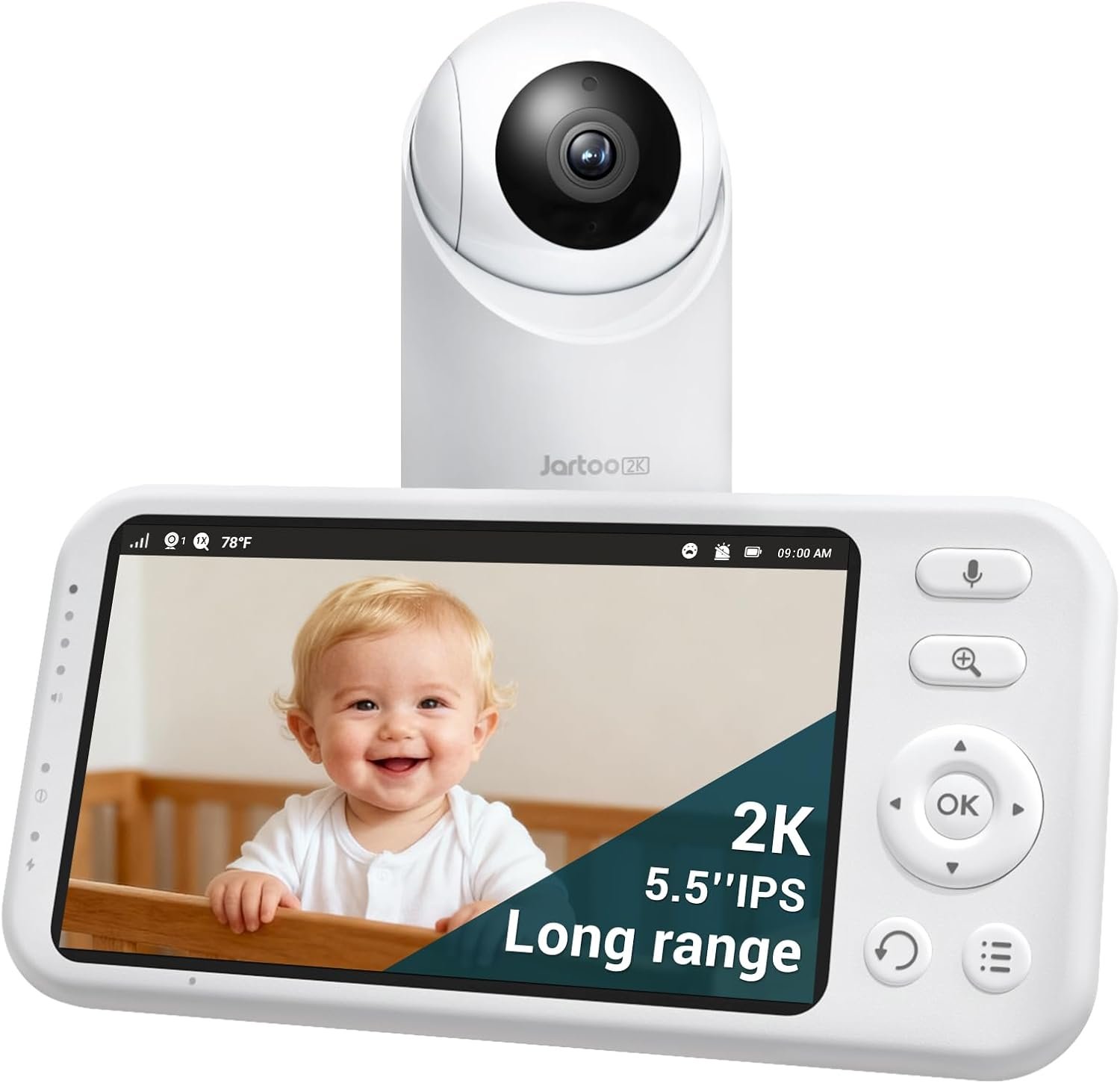 Jartoo 2K 5.5″ Video Baby Monitor with Camera and Audio,AI Cry Detect 1860ft Long Range Baby Monitor No WiFi Baby Camera Wireless,Clear Night Vision,ANC, 2-Way Talk,White Noise,6000mAh [2025 New]