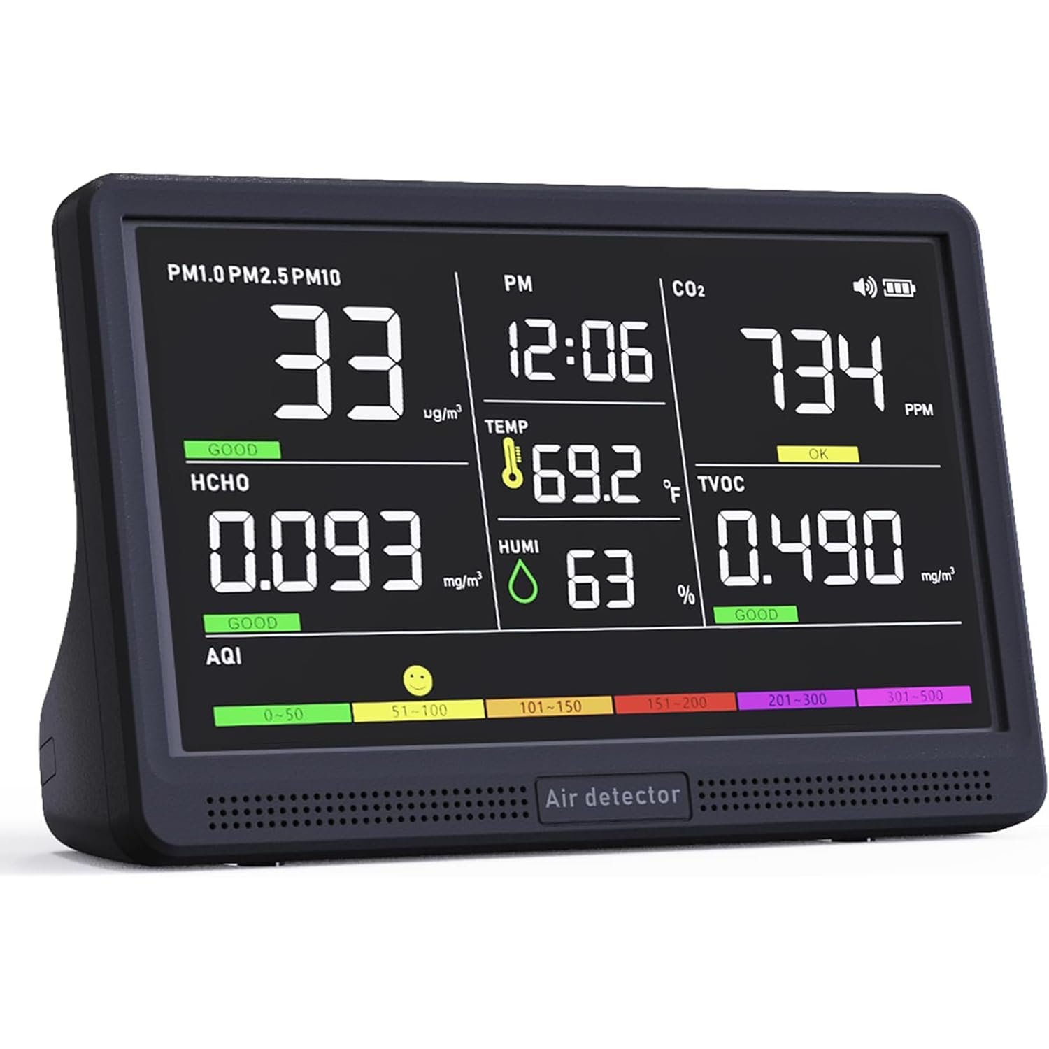Professional Indoor Air Quality Monitor with 7X AQI Beep Alarms,16 in 1 Portable Real-Time Detector for PM2.5 | PM10 | CO2 | TVOC | HCHO | Temp | Hum for Home Cars Plants Pets (Smoke Black)