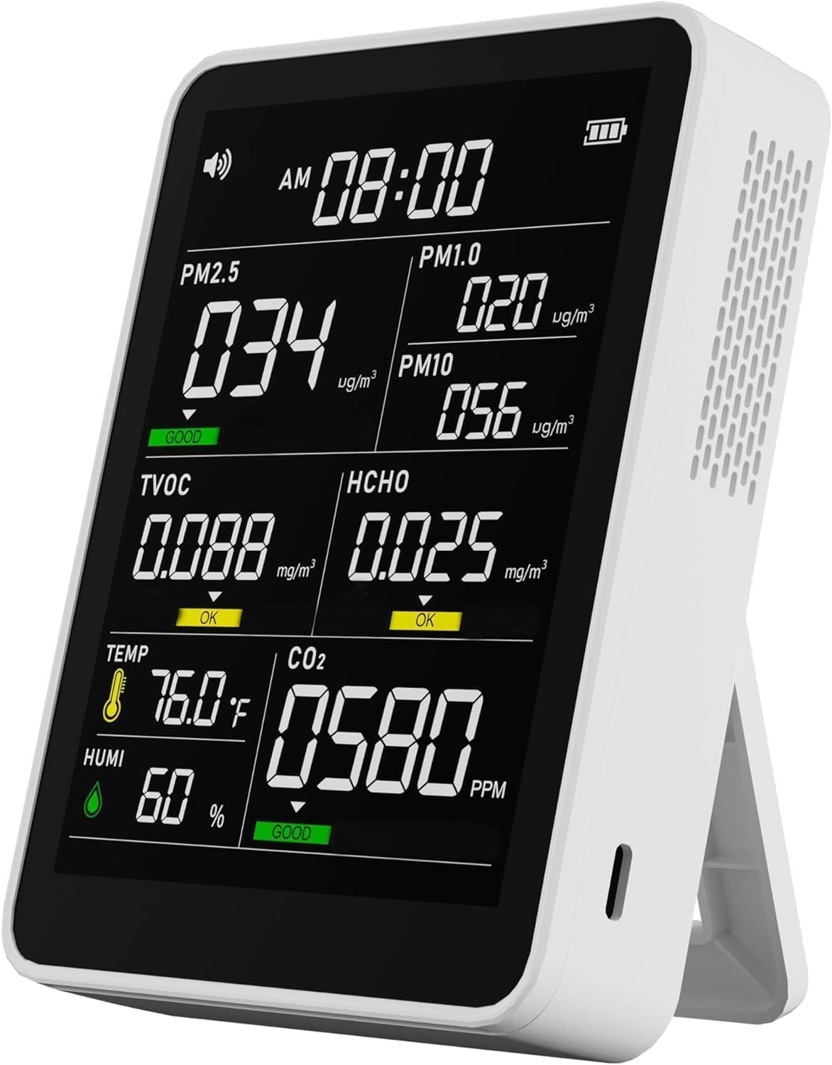 Air Quality Monitor Indoor,Smart Air Quality Tester with PM 2.5, CO2, TVOC, HCHO, PM1, AQI, PM10, Temperature & Humidity, Real Time Display, Battery Powered, for Home & Office (White)