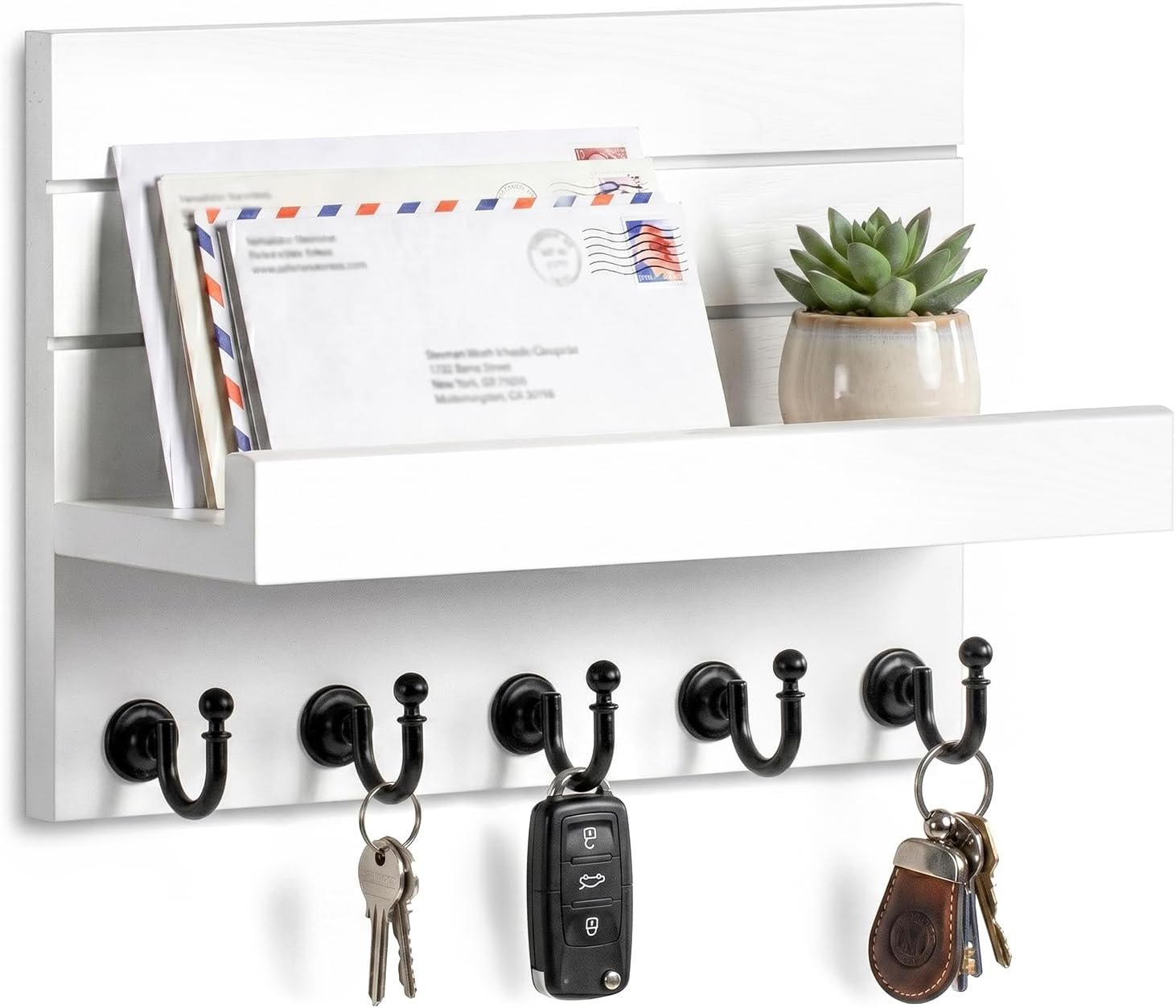 HONJIN Key Holder Wall Mount with Shelf and 5 Sturdy Key Hooks (White)
