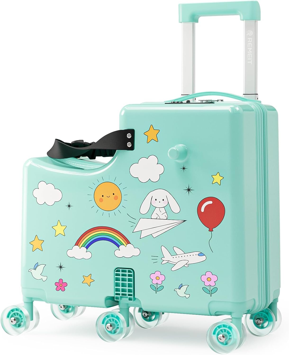 Ride On Suitcase for Kids, Kids Ride On Luggage with Wheels, Hard Shell Kids Suitcase with TSA Lock, Foldable Pedal, Cup Holder, Safety Belt & 6 Spinner Wheels, Toddler Carry On Luggage, Green