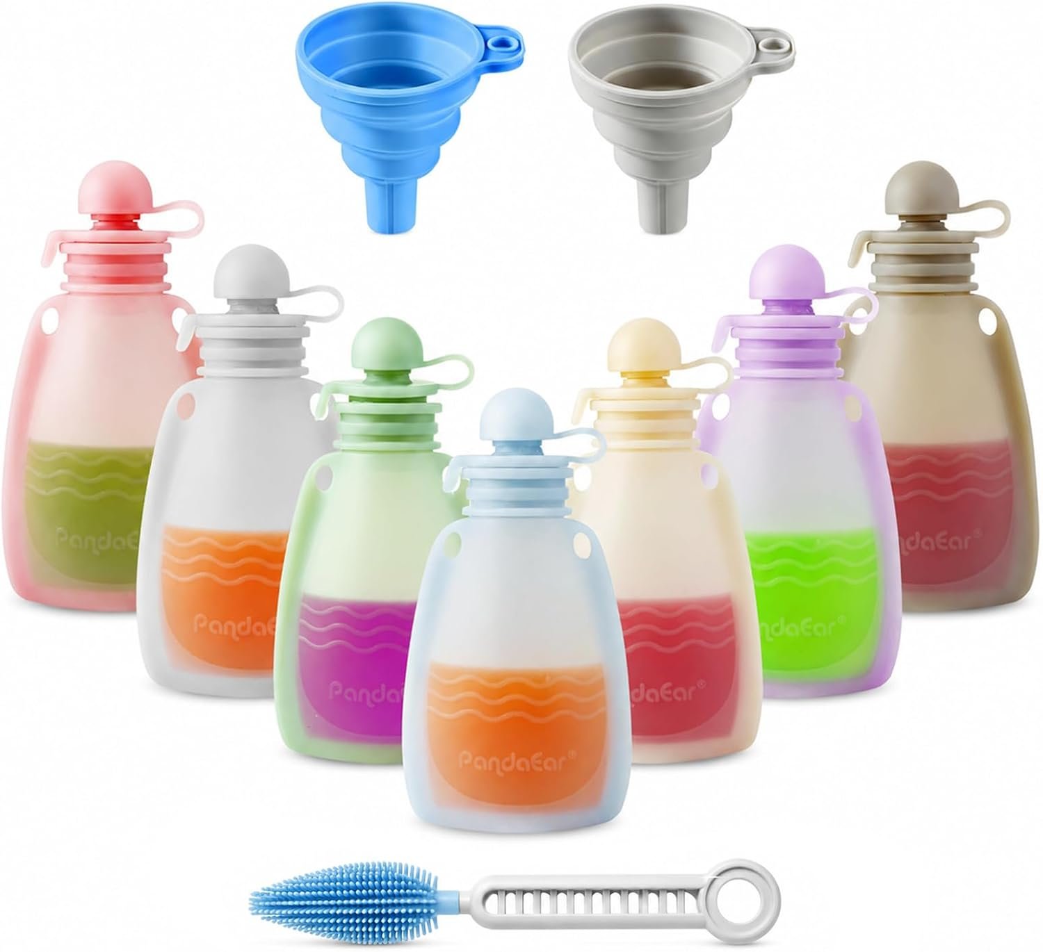 PandaEar 7 Pack Silicone Baby Food Pouches, Reusable Squeeze Pouches