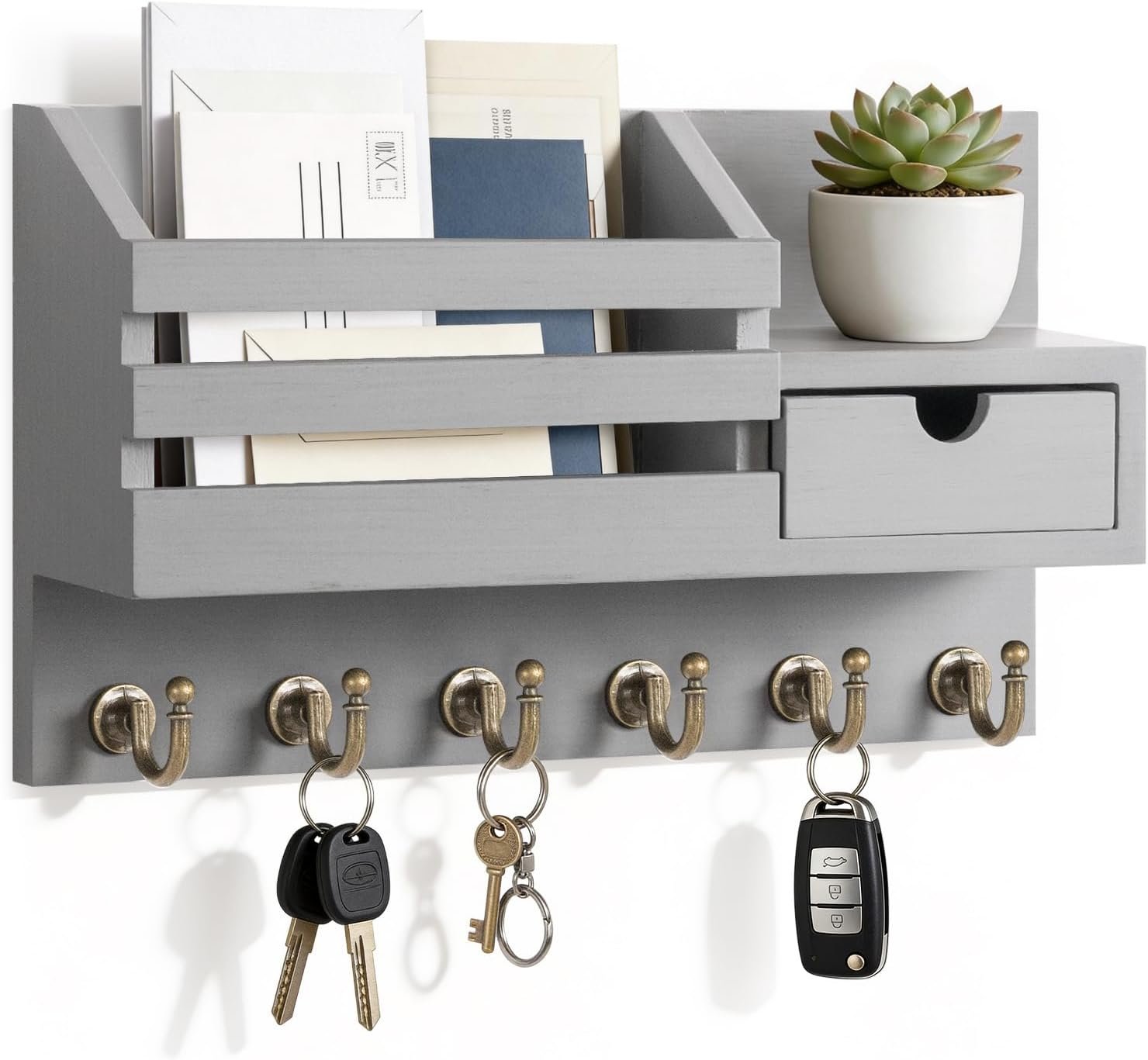 FifthQuarter Key Holder for Wall with Drawer and 6 Sturdy Hooks, A-Grey