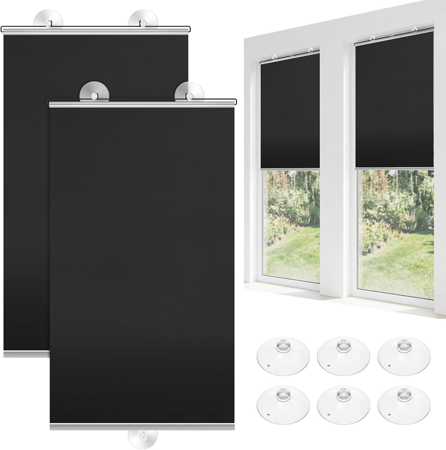 Moukeren 2 Pcs Suction Cup Window Roller Shades Frame, Black, 49″ X 15.8 “