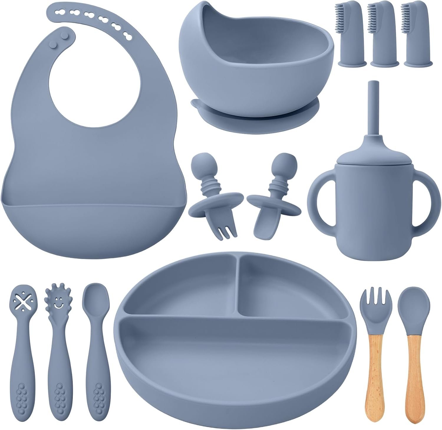 Silicone Baby Feeding Set 14 Pcs,Baby Led Weaning Supplies, Baby Spoons Suction Bowl Divided Plate Bib Cup Finger Brush,First Stage Solid Food Eating Utensils – 6+ Months(Blue Gray)