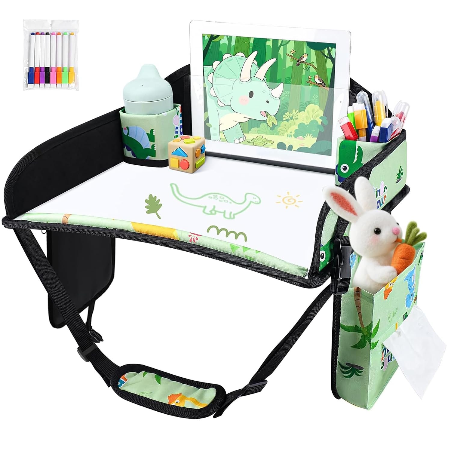 Kids Travel Tray for Car Seat, Road Trip Activities, Green 1PCS
