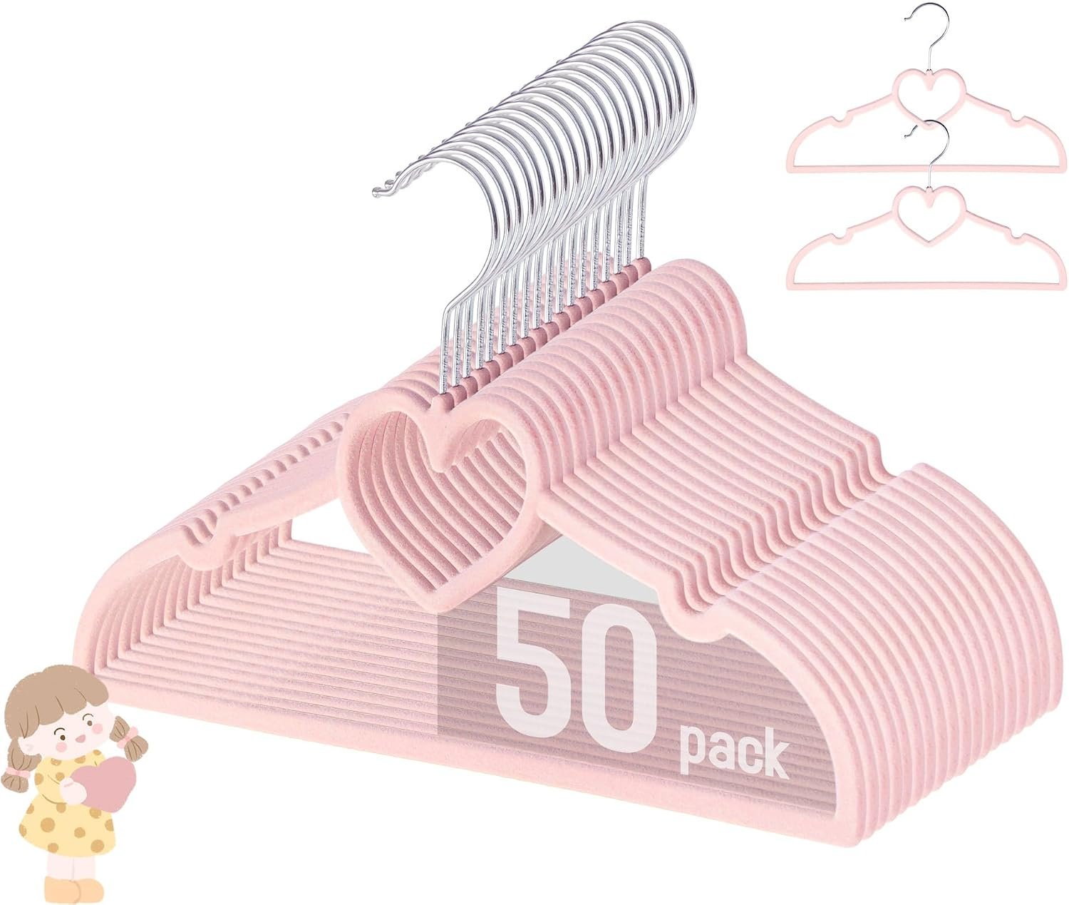 Baby Velvet Hangers, 50 Pack, Non-Slip Pink Kids Clothes Hangers, 12.8 Inch
