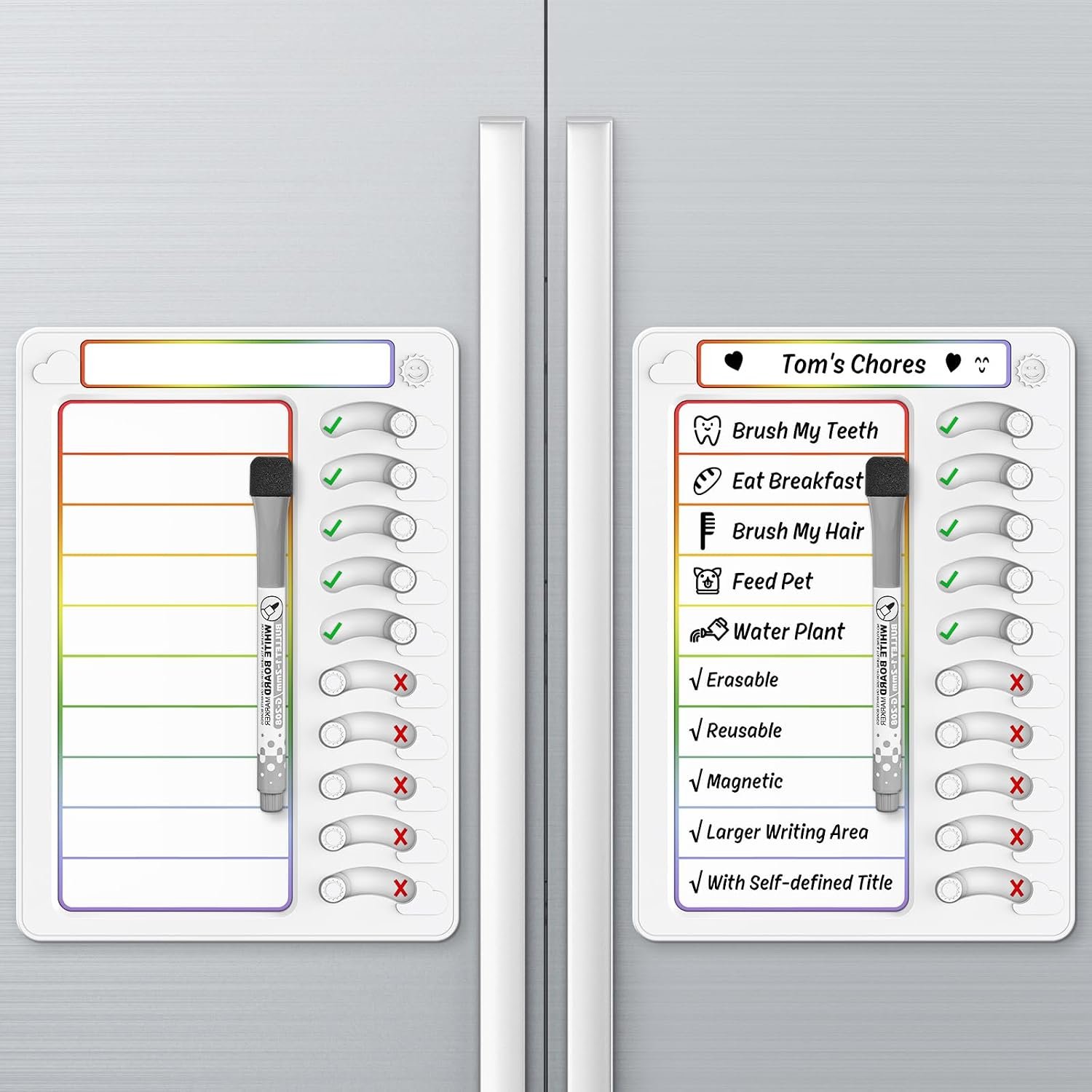 Chore Chart for Kids Dry Erase Chore Board ADHD Tools for Kids to Do List Checklist Task Board Routine Chart Planning Board for Fridge with 10 Sliders and Magnetic Marker, White and Rainbow, 2 Pack