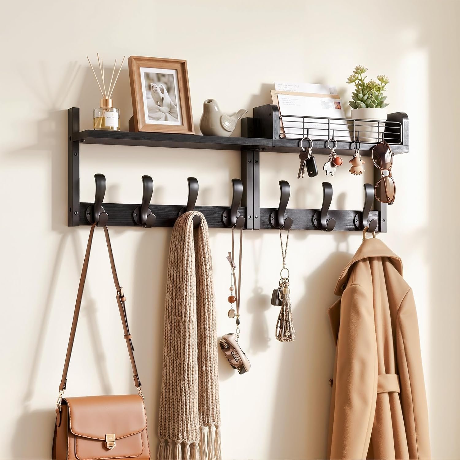 Delamu 29″ Wall Mounted Coat Rack with Shelf, 4 in 1 Wall Shelf with 11 Hooks, Entryway Coat Hanger Wall Mount for Living Room and Bedroom, Black