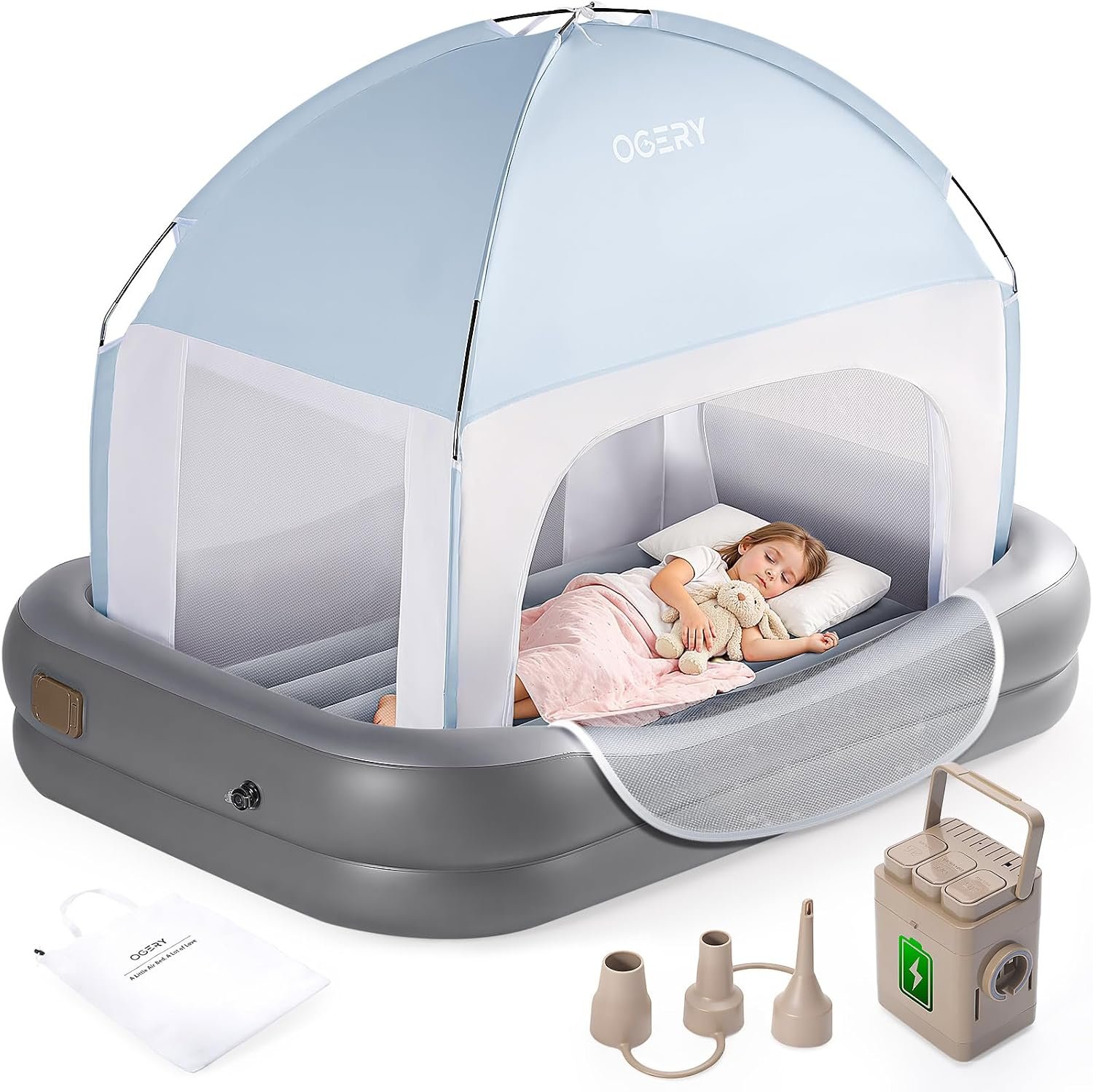 OGERY Inflatable Toddler Travel Bed with Tent, Rechargeable Pump