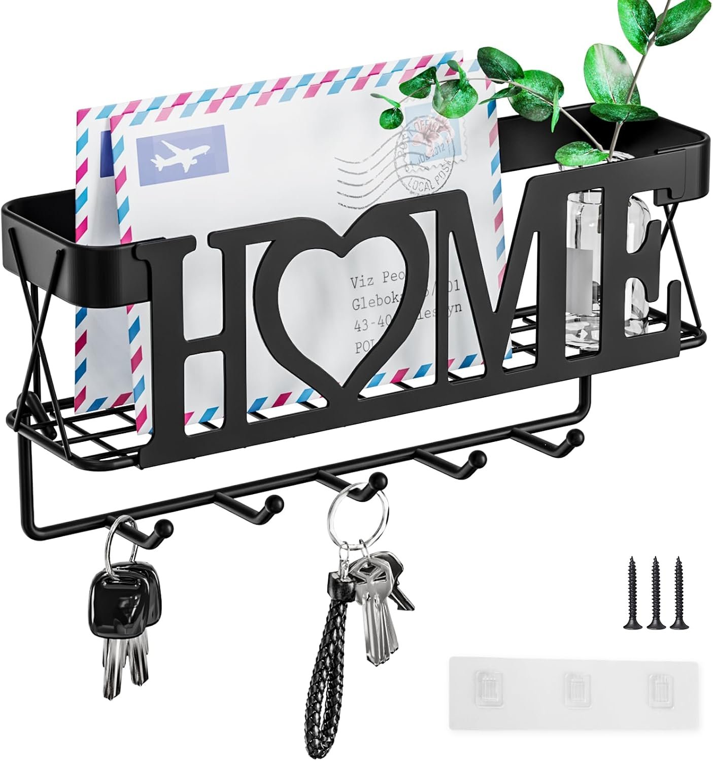 Key Holder for Wall – Key Rack with 5 Key Hooks, 11.02″ L×2.75″ W×4.92″ H, Key and Mail Organizer Wall Mount with Mesh Basket, Key Hanger for Wall, Entryway, Home Decor(Matte Black)