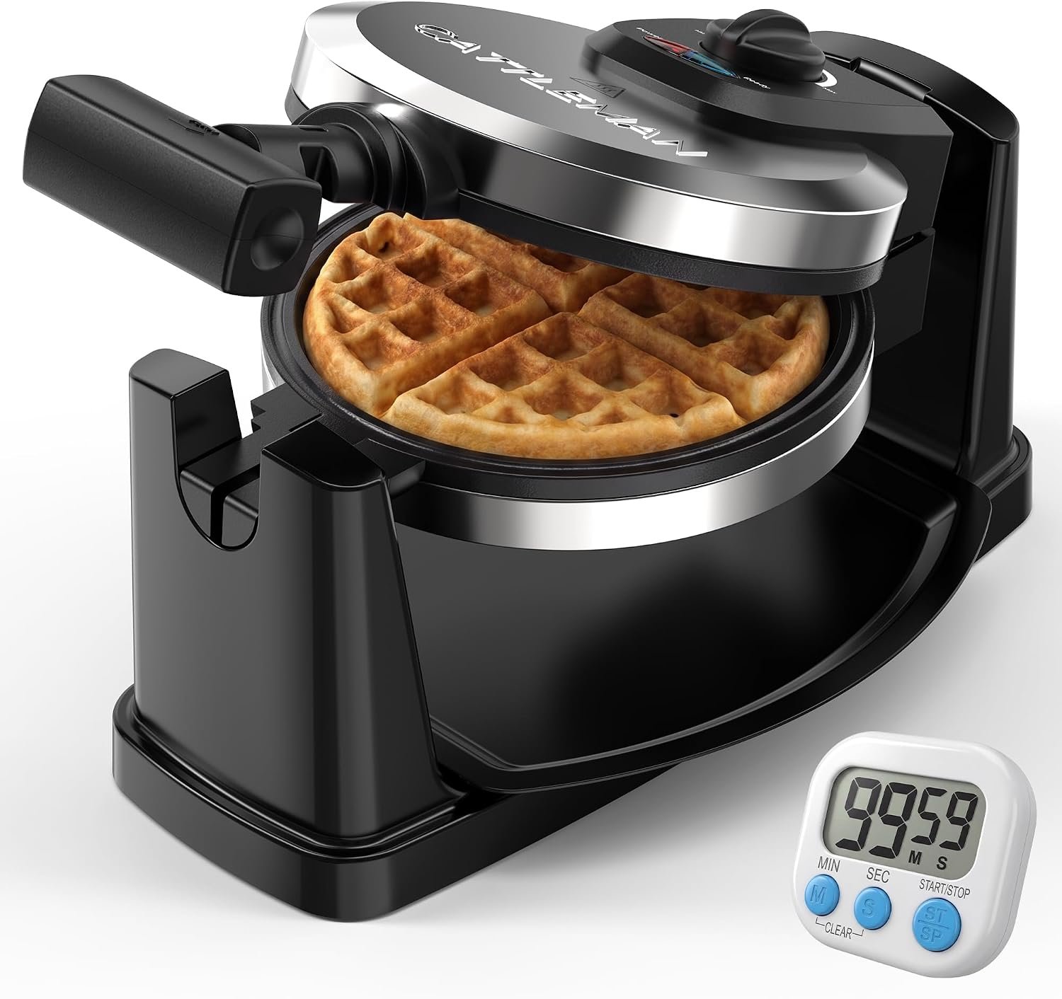 CATTLEMAN Rotating Belgian Waffle Maker with Magnetic Timer, 180° Flip