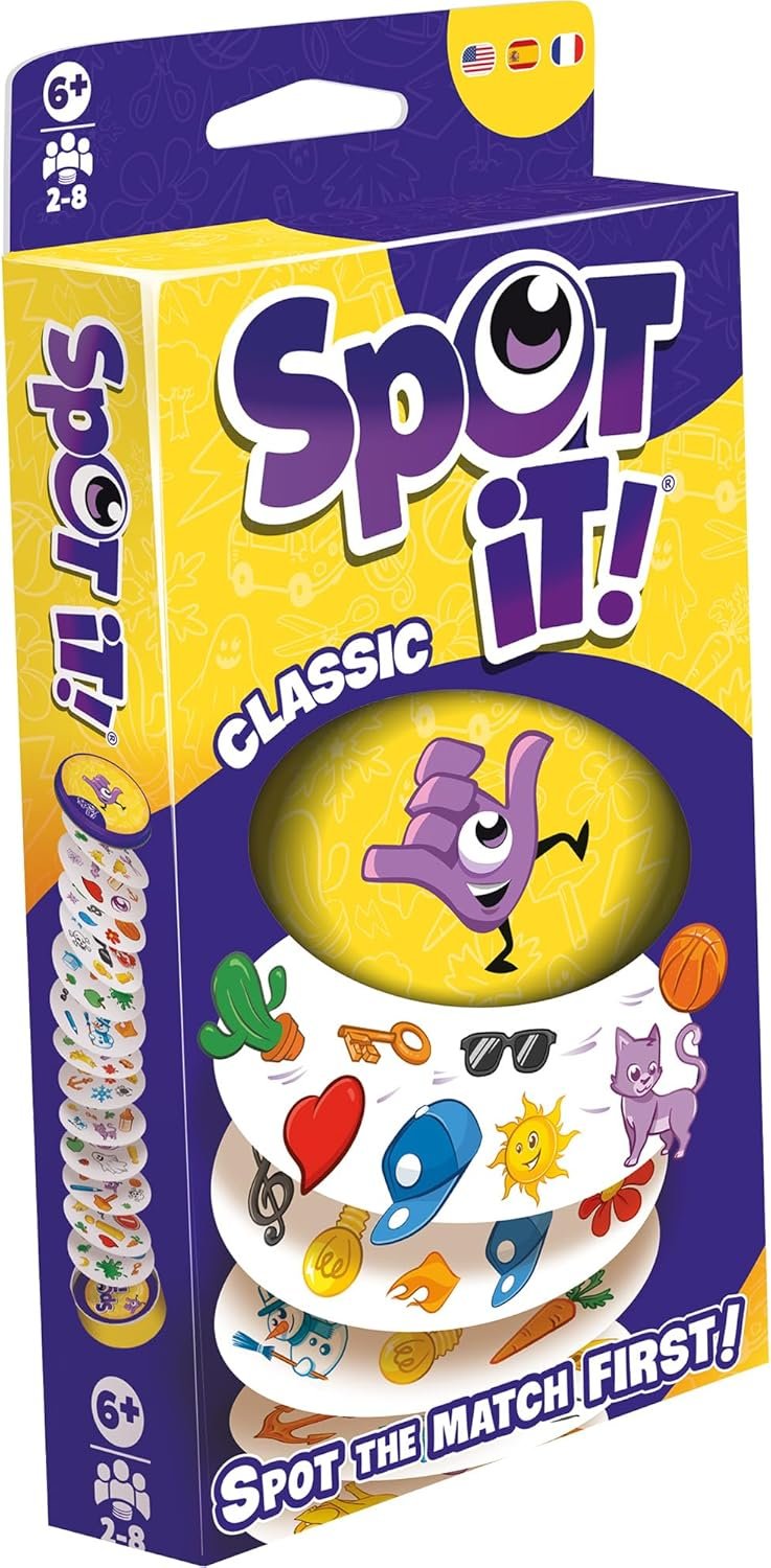 Asmodee Spot It! Classic Card Game (2024 Refresh) – Eco-Blister Edition, 5-in-1 Visual Perception Game for Quick Reflexes and Family Fun, Ages 6+, 2-8 Players, 10 Minute Playtime