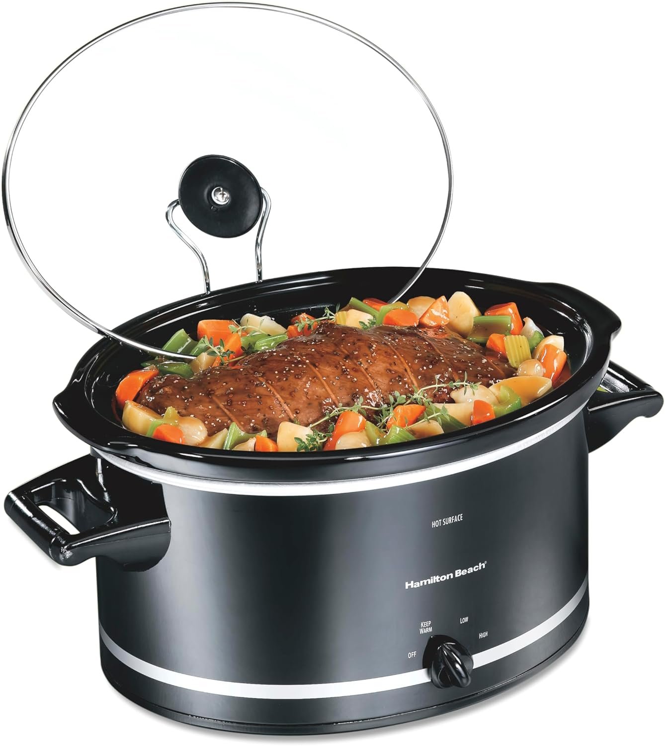 Hamilton Beach Slow Cooker with 3 Cooking Settings, Dishwasher-Safe Stoneware Crock & Glass, 8-Quart Built-In Lid Rest, Black