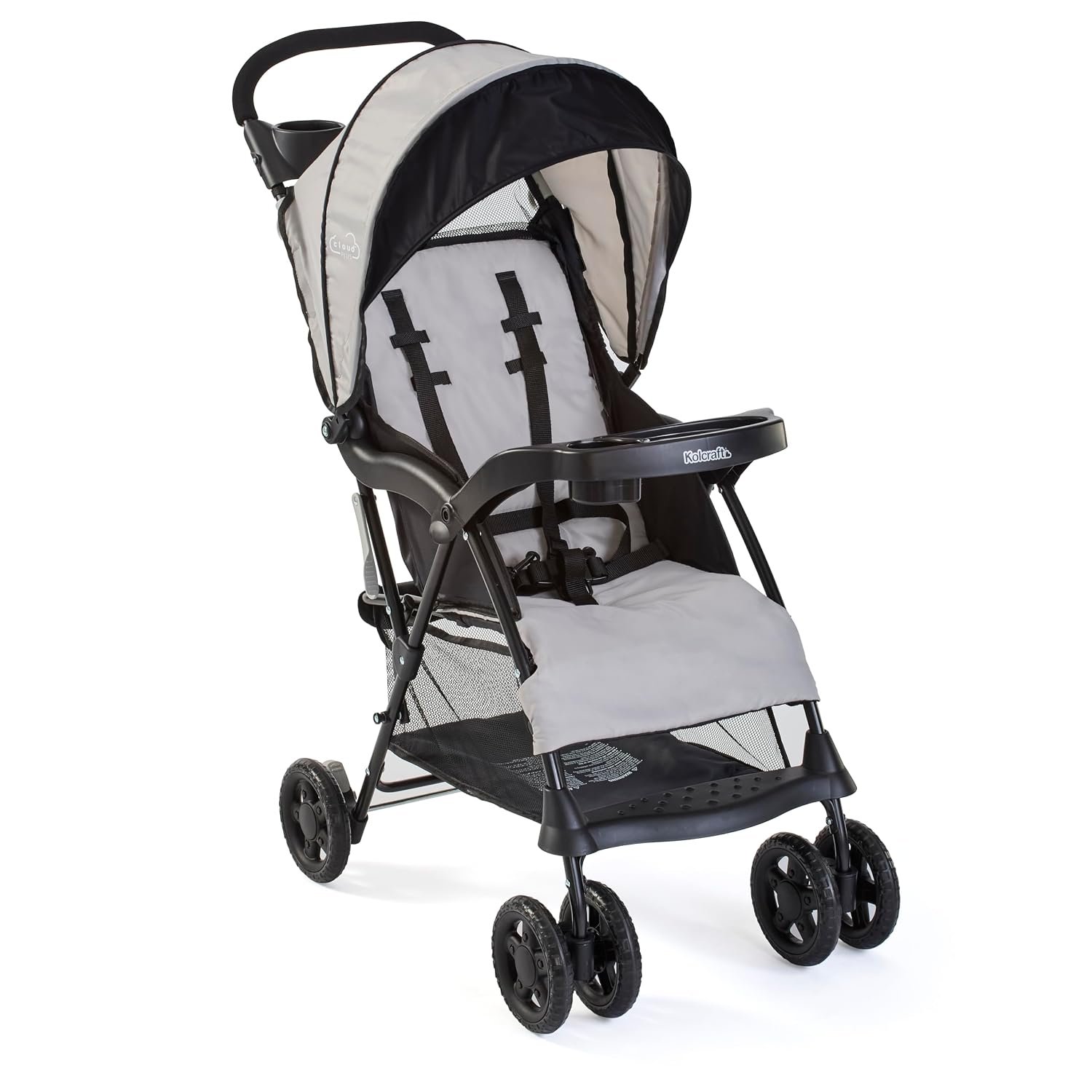 Kolcraft Cloud Plus Lightweight Umbrella Stroller for Toddlers with Reclining Seat, Large Storage Basket, Canopy, Infant & Parent Trays, Compact Fold for Summer Travel, Durable Frame, Slate Gray
