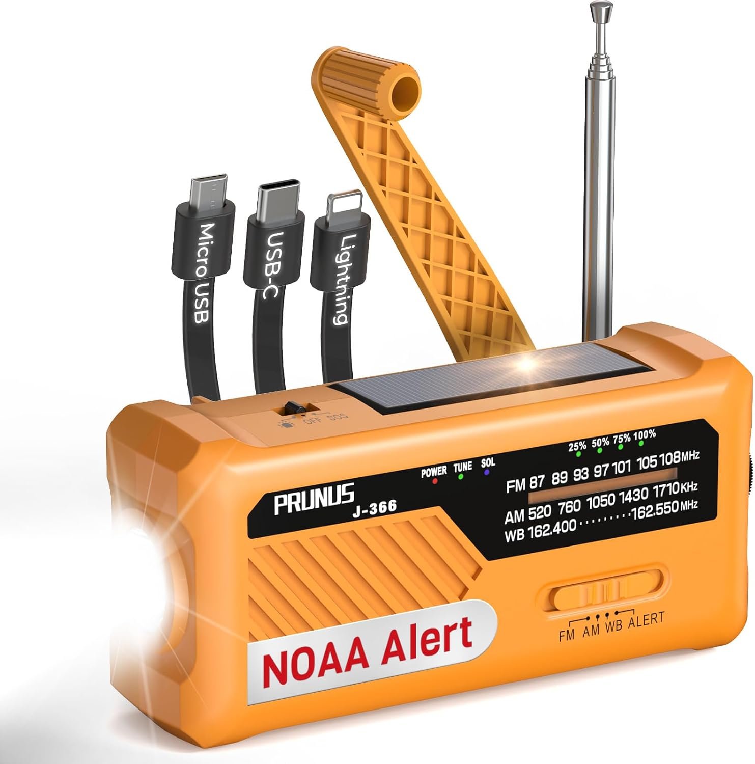 PRUNUS J-366 Emergency Radio with 3 Charging Cables, NOAA Weather Alert