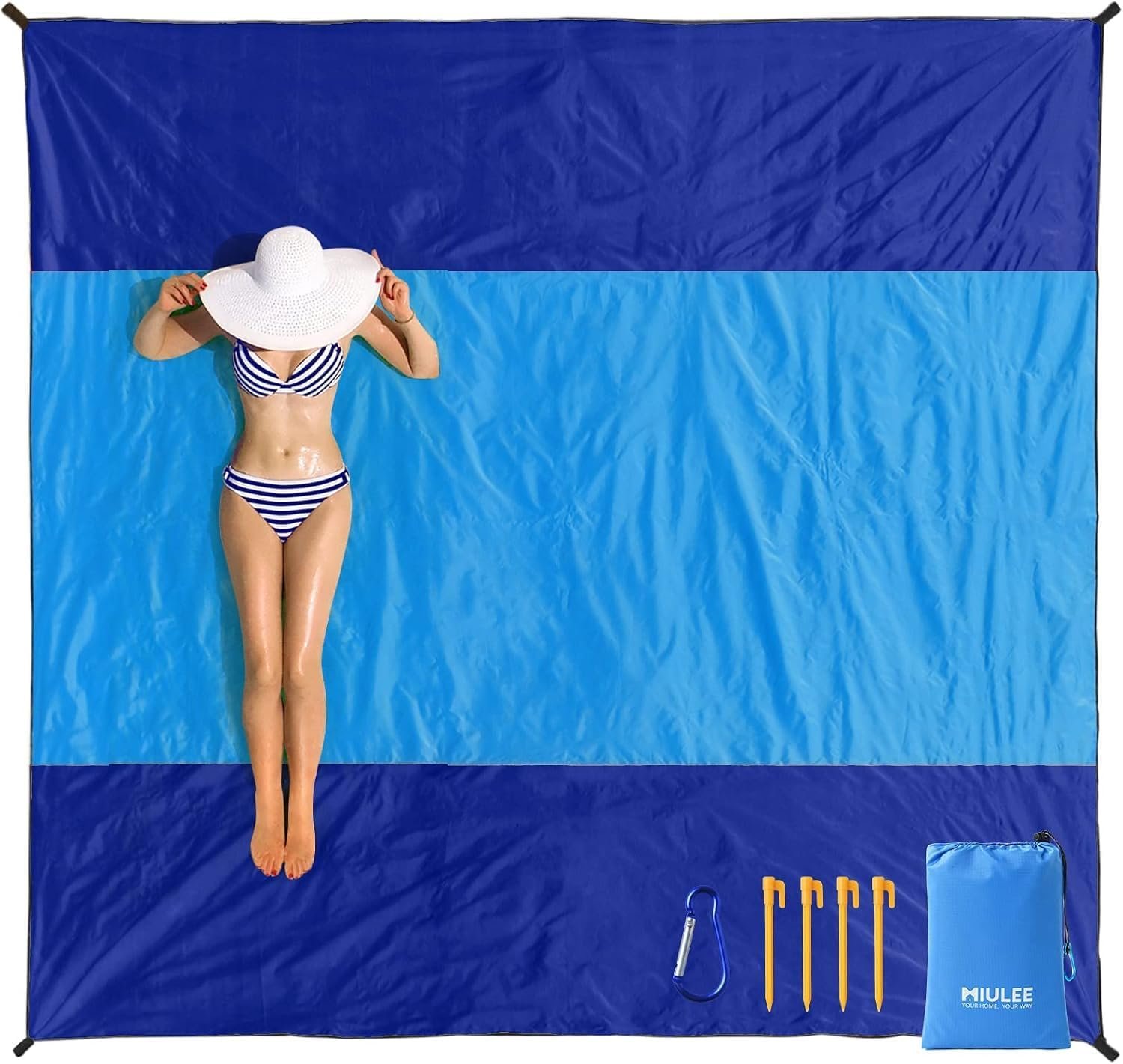 MIULEE Beach Blanket Waterproof Sandproof, Extra Large 110″ x 114″ Beach Mat Oversized for 5-8 Adults, Portable Lightweight Outdoor Blanket with 4 Corner Pockets for Hiking, Picnic, Travel, Camping