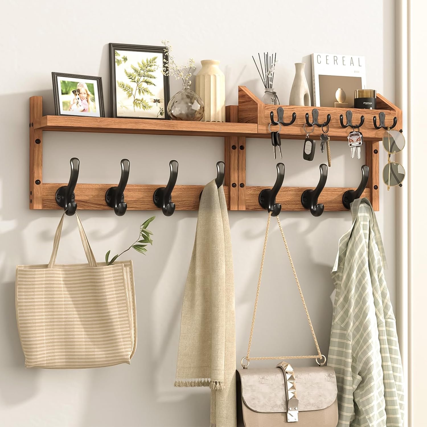Evermagin 29″ Coat Rack Wall Mount with Shelf & 11 Hooks, Entryway, Brown