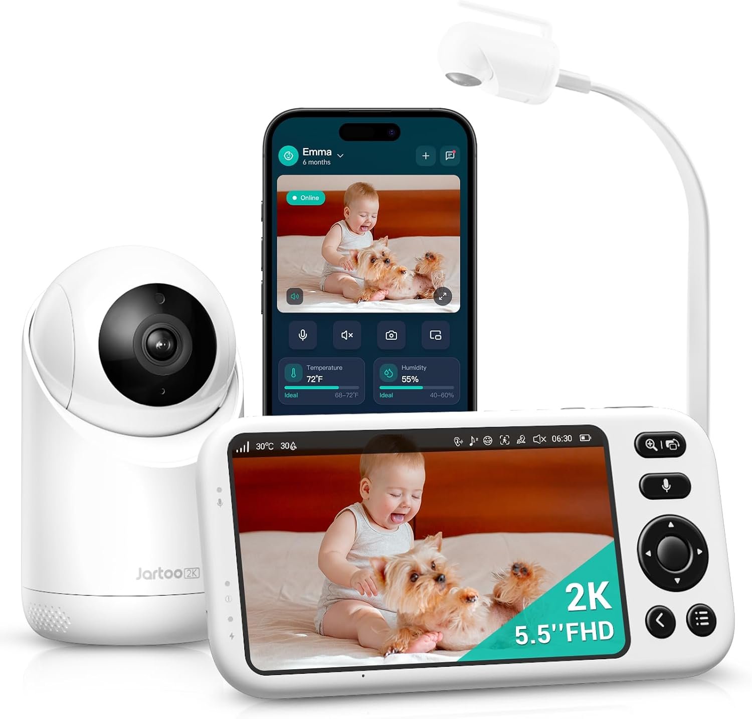 Jartoo Smart Baby Monitor with 2K Camera & Mount, 5.5″ Screen, Hybrid Wi-Fi and No Wi-Fi Connection, Long Range, AI-Powered Detection, Free App & 24/7 Recording, ANR