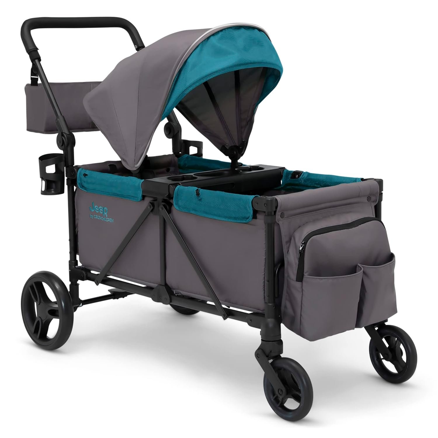 Jeep Sport All-Terrain Stroller Wagon by Delta Children – Includes Canopy, Parent Organizer, Adjustable Handlebar, Snack Tray & Cup Holders, Grey/Blue Moon