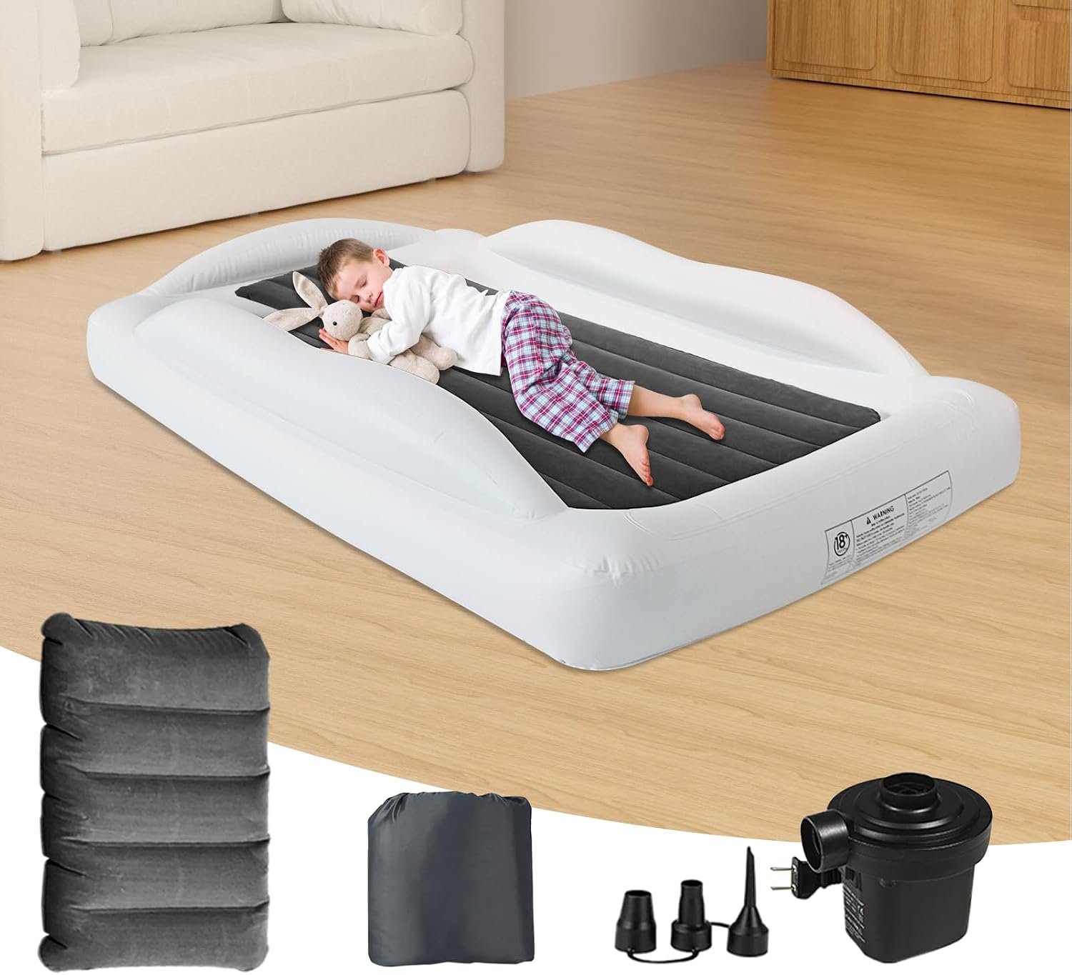 Inflatable Toddler Travel Bed – 61 Inches With Pillow Portable Toddler Bed for Travel with Safety Sides – Cozy Kids Air Mattress Set with Built-in Electric Pump & Carry Case- Easy to Inflate – Grey