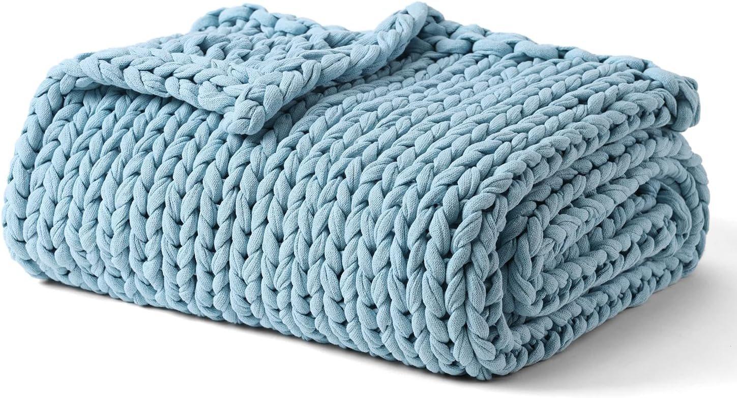 YnM Cooling Weighted Blanket, 100% Cotton Handmade Chunky Knitted Blanket, Weighted Lap, Breathable Heavy Blankets, Machine Washable Throw for Sleep or Home Decor (Sky Blue, 35×40 Inch, 5lbs)