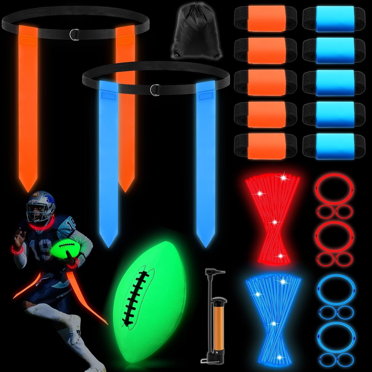 Libima Glow in Dark Capture Flag Game Set, 10 Belts 1 Football 50 Sticks