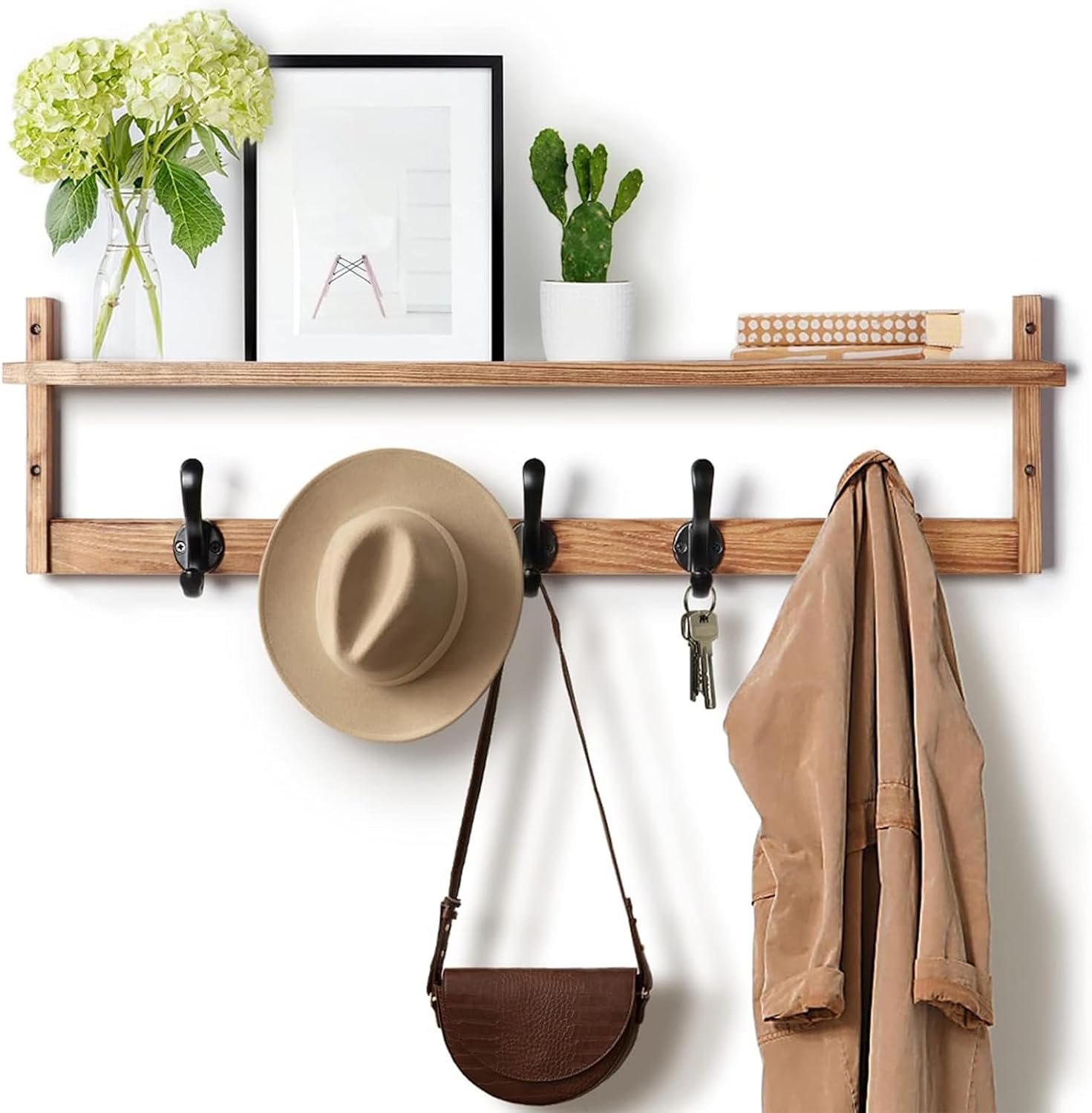Tatub 29” Coat Rack Wall Mount with Shelf, Wood Wall Hooks with Storage, Entryway Shelf with 5 Hangers for Bathroom, Living Room, Bedroom, Rustic Brown