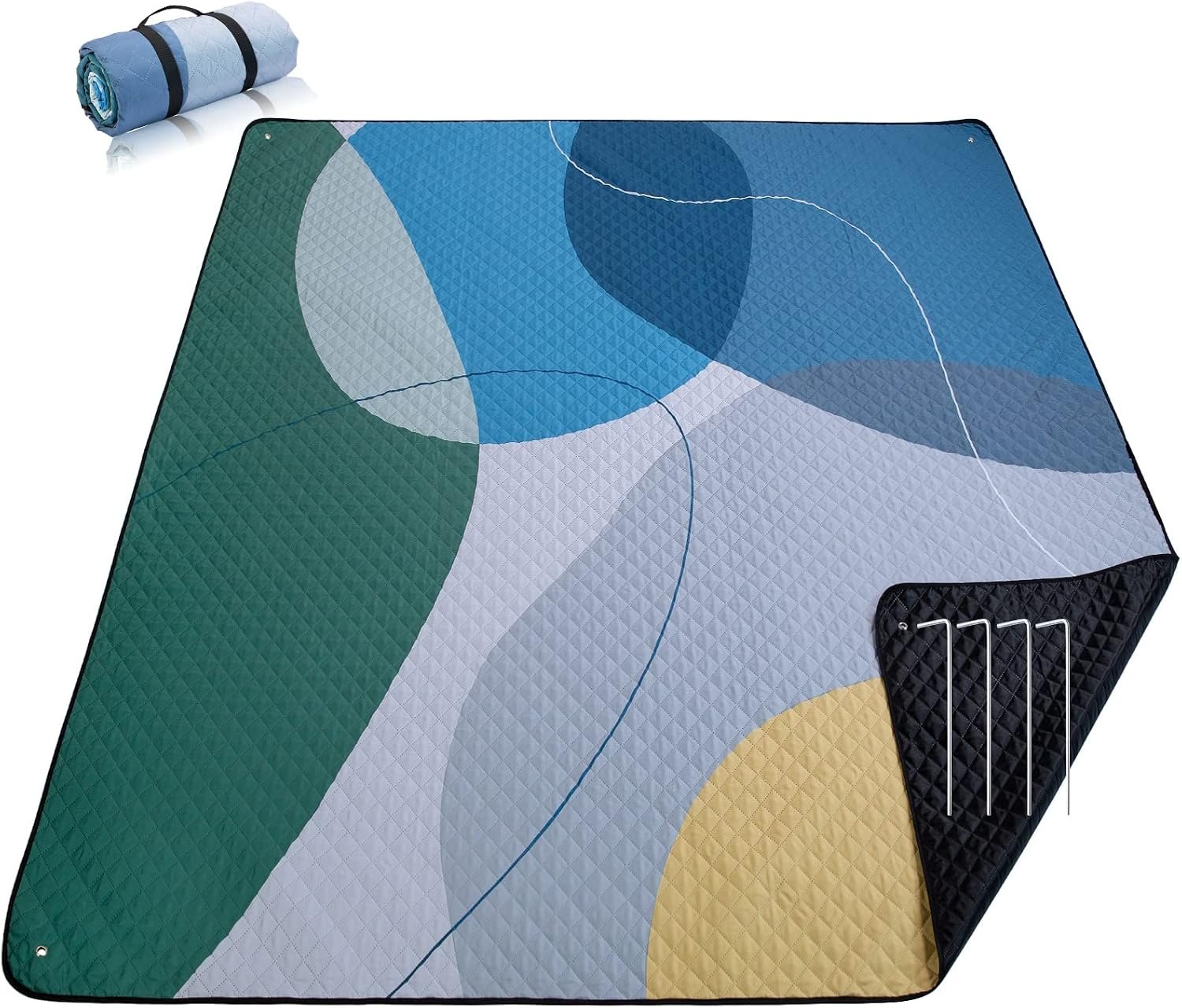 PY SUPER MODE Picnic Blankets Extra Large, Waterproof Foldable Outdoor Beach Blanket Oversized 83×79” Sandproof, 3-Layer Picnic Mat for Camping, Hiking, Travel, Park, Concerts(Abstract Blue)