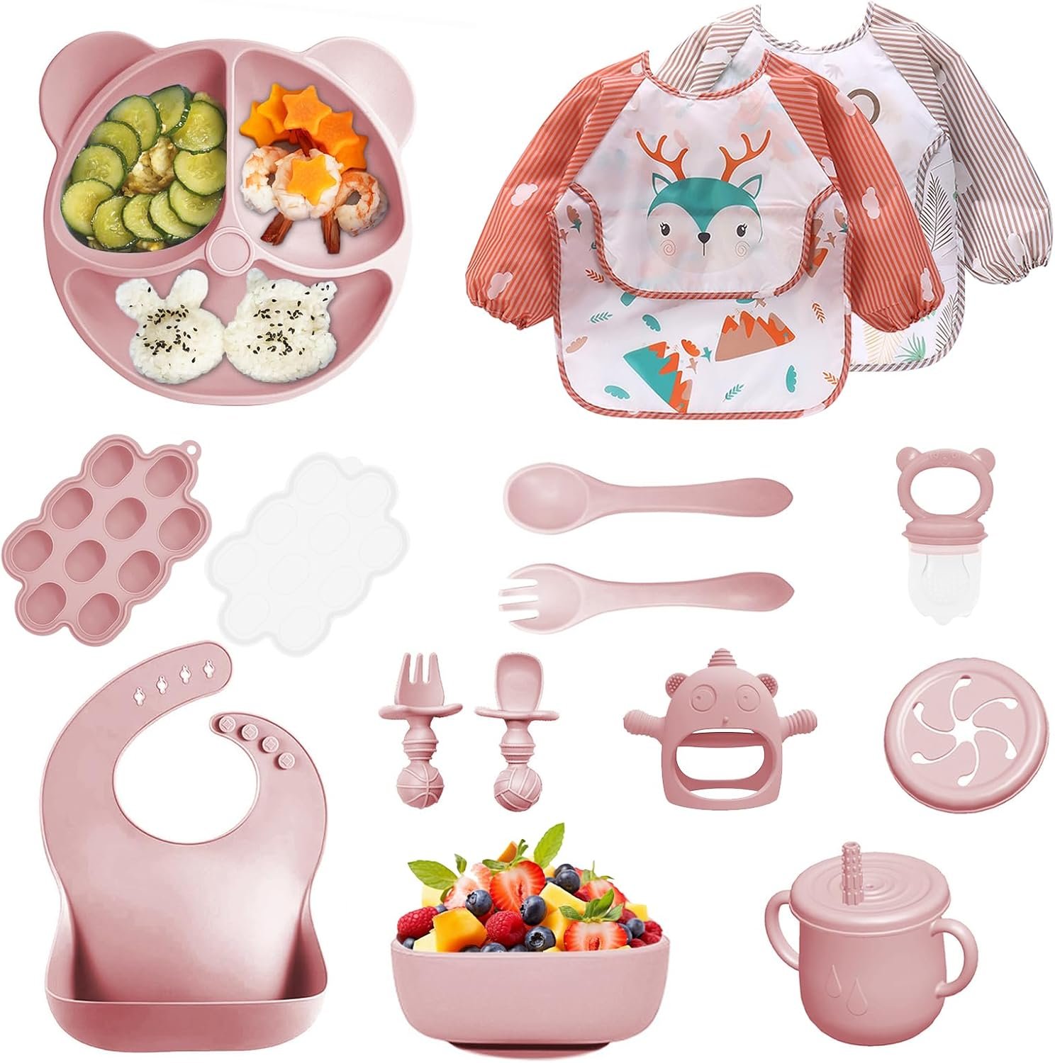 Silicone Baby Feeding Set, 14 Pcs Baby Led Weaning Supplies, Baby Spoons & Forks Suction Bowl Divided Plate Bib Cup, First Stage Solid Food Eating Utensils – 6+ Months (Light pink)