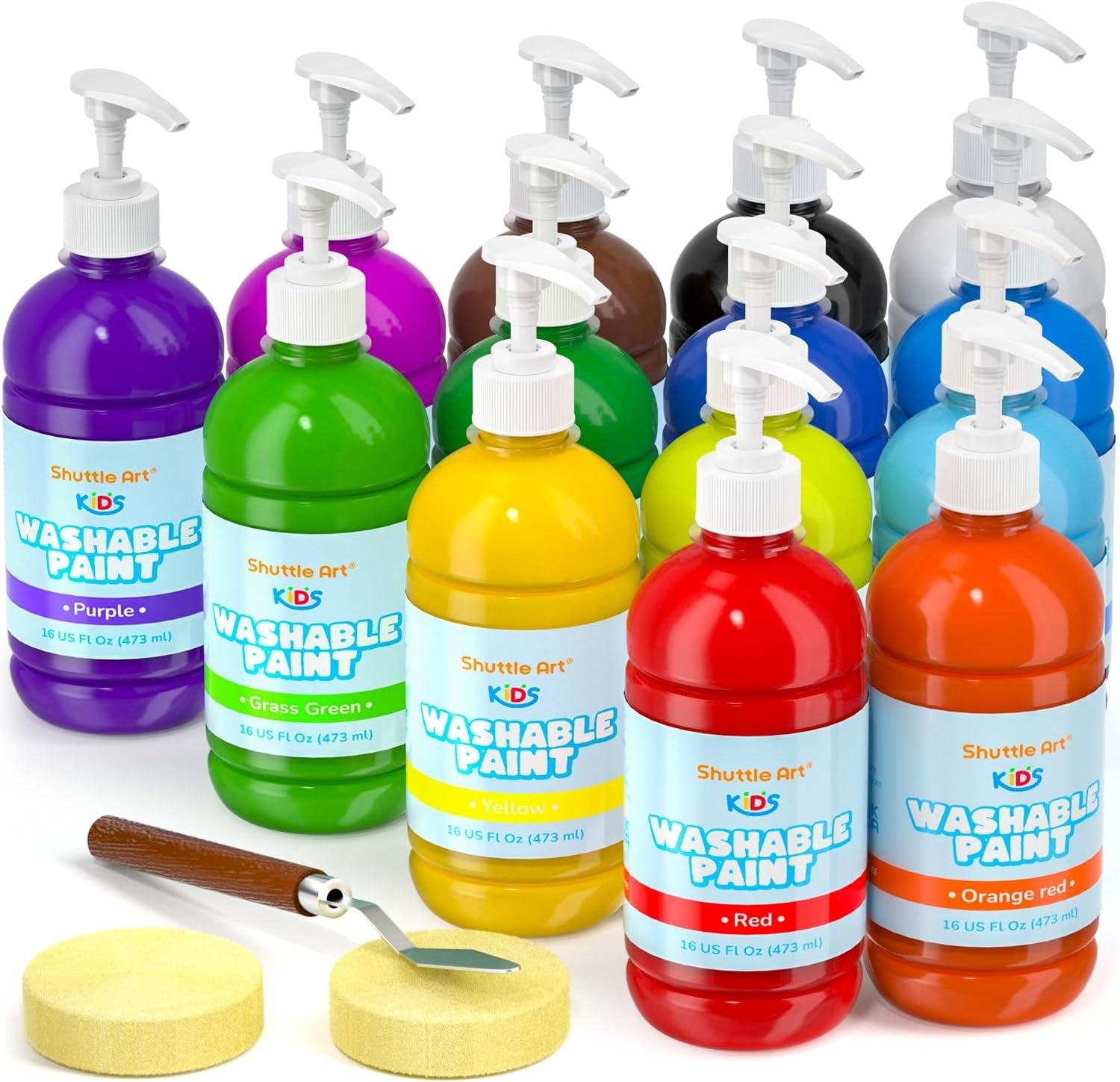 Shuttle Art 14 Colors Washable Paint for Kids, 16 oz Bulk Tempera Paint with Pump, Non-Toxic Kids Washable Paint for Art and Crafts, Home & School Must Haves