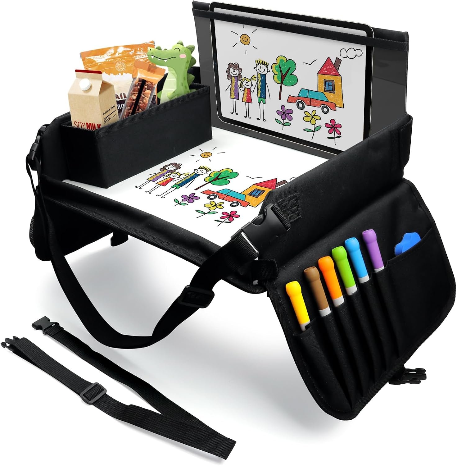 Kids Travel Tray for Car Seat, Carseat Table Tray for Kids Road Trip Activities, Car Trays for Kid Roadtrip Essentials, Toddler Lap Desk Organizer for Airplane – Black