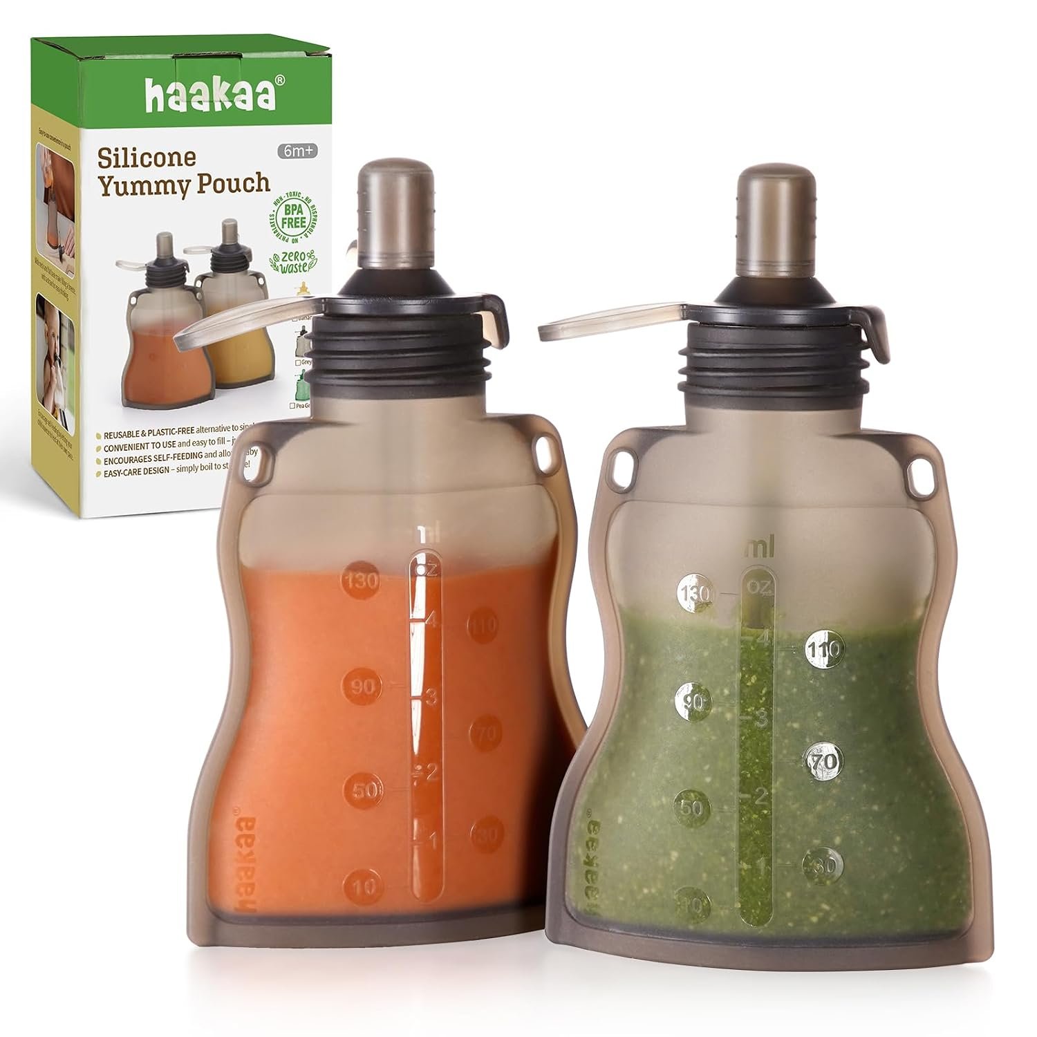 haakaa Silicone Yummy Pouch, Reusable Baby Food Pouch, 4oz, 2PK, Grey