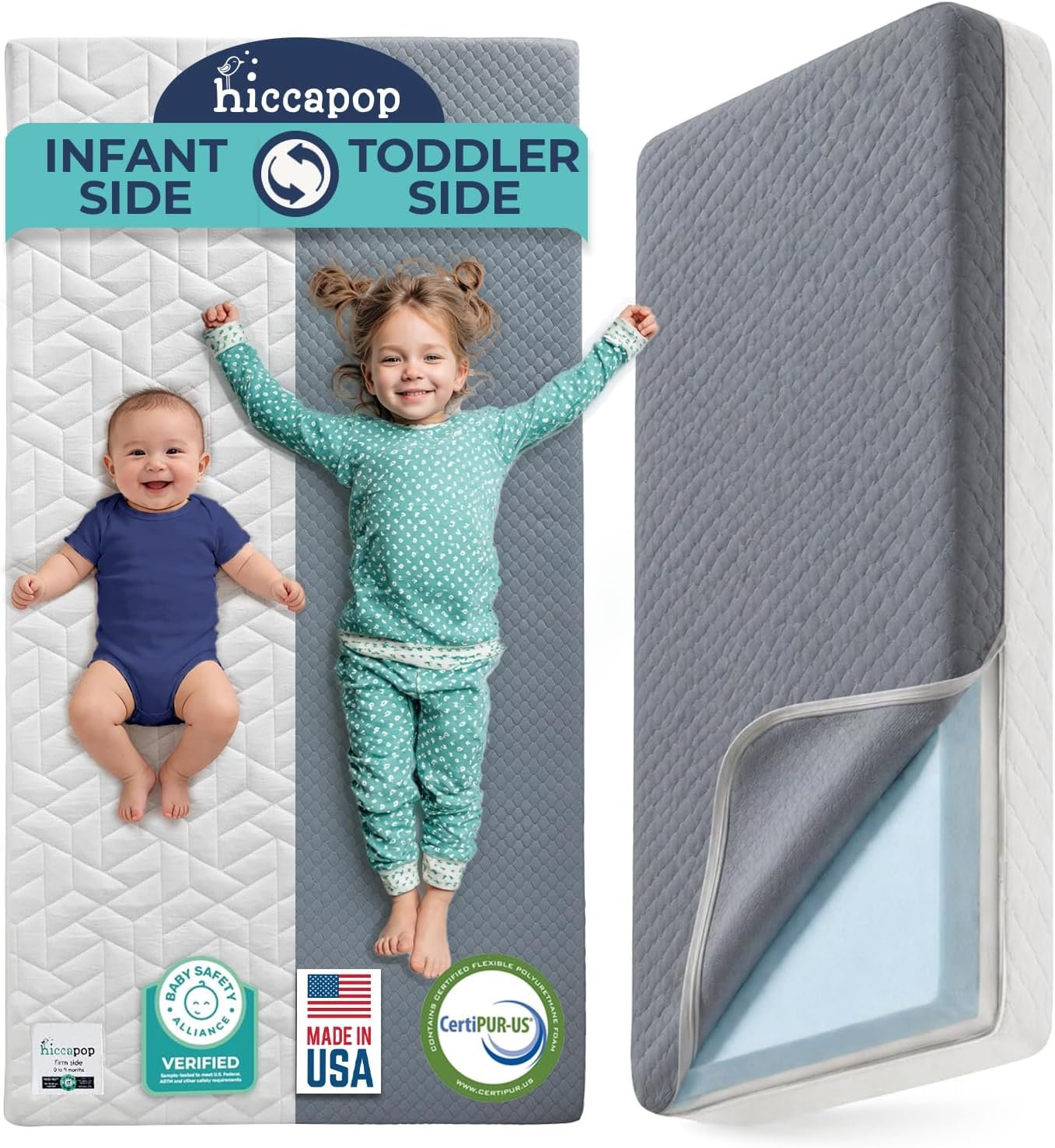 Hiccapop Dual Sided Baby Crib Mattress & Toddler Bed Mattress, Made in USA