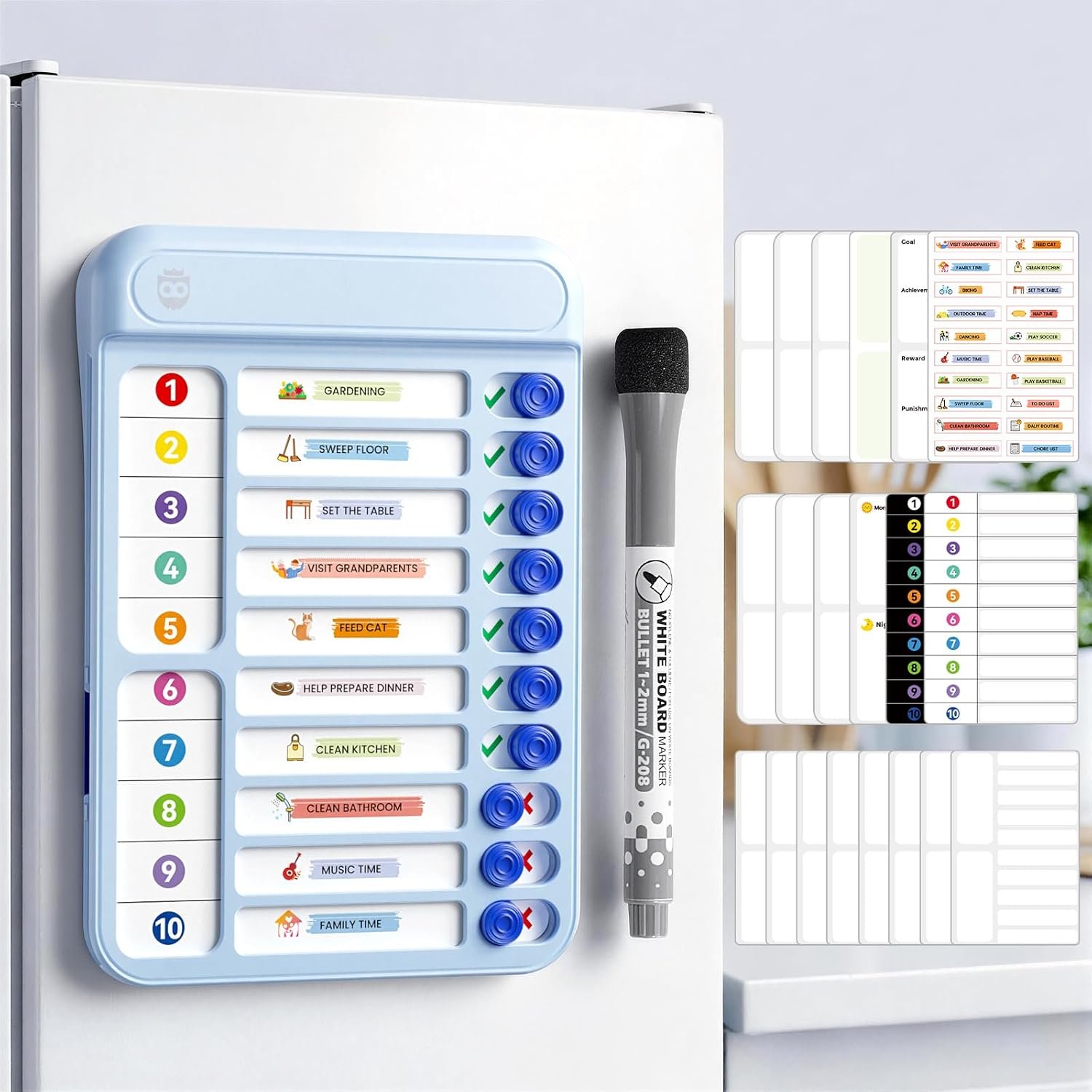 Magnetic Chore Chart Board with Sliders 19 Personalizable Sheets and Marker, Magnetic Fridge Whiteboard for Checklist Chore Chart for Multiple Kids, Daily Routine Chart for Habit Tracker – Blue