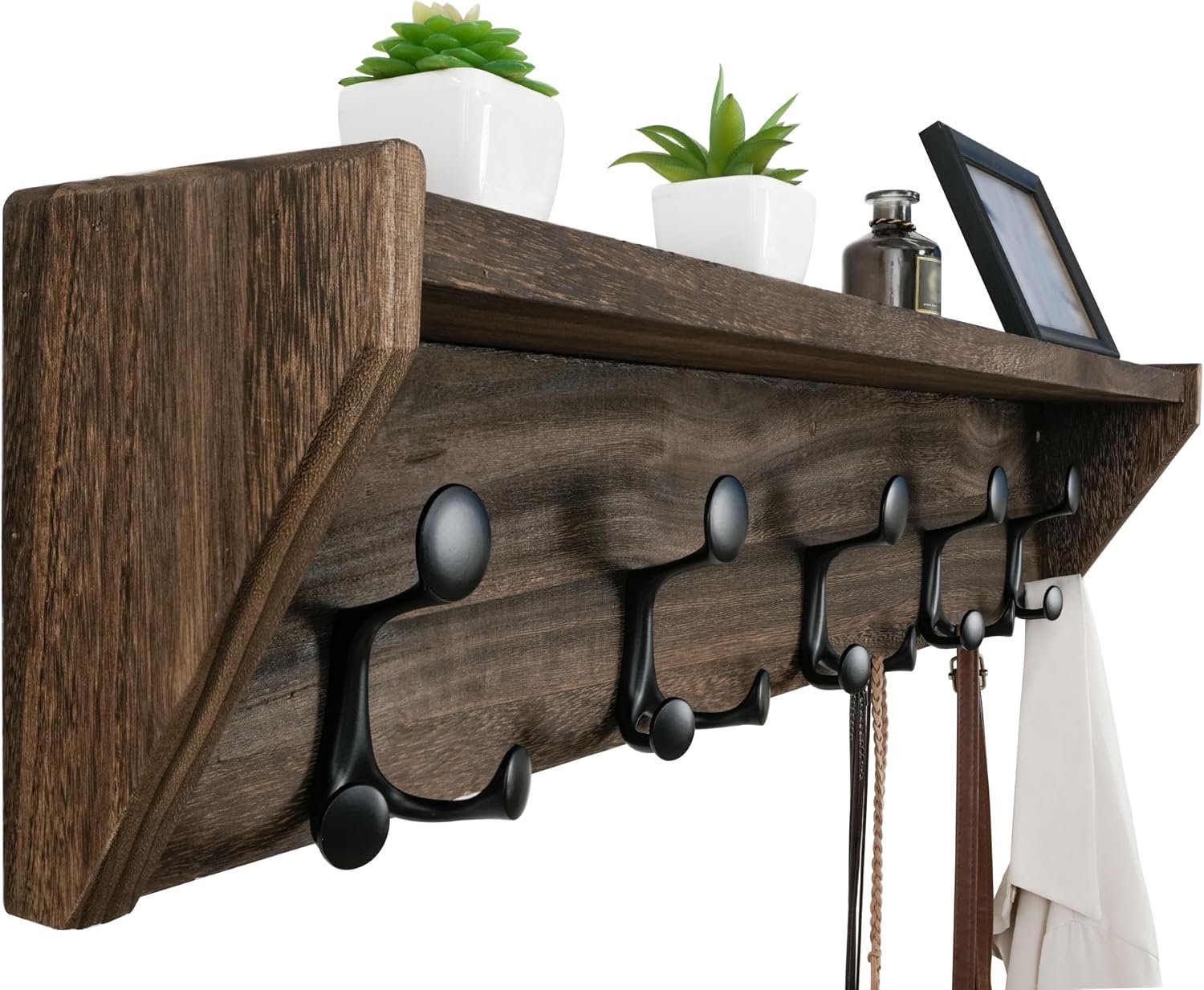WEBI Wall Shelf with Hooks Underneath,35″ Long Wall Mounted Coat Rack with Shelf,Entryway Coat Rack with 5 Triple Hooks for Hanging Coats,Jacket,Hallway,Bedroom,Mudroom,Weathered Brown
