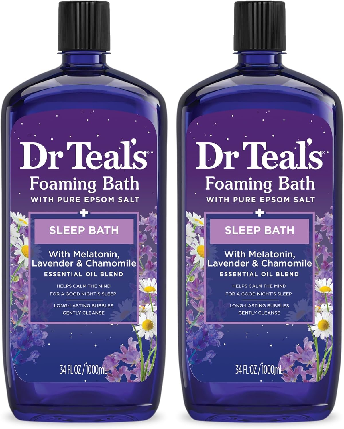 Dr Teal’s Foaming Bath with Pure Epsom Salt, Sleep Blend with Melatonin, Lavender & Chamomile Essential Oils, 34 fl oz (Pack of 2)