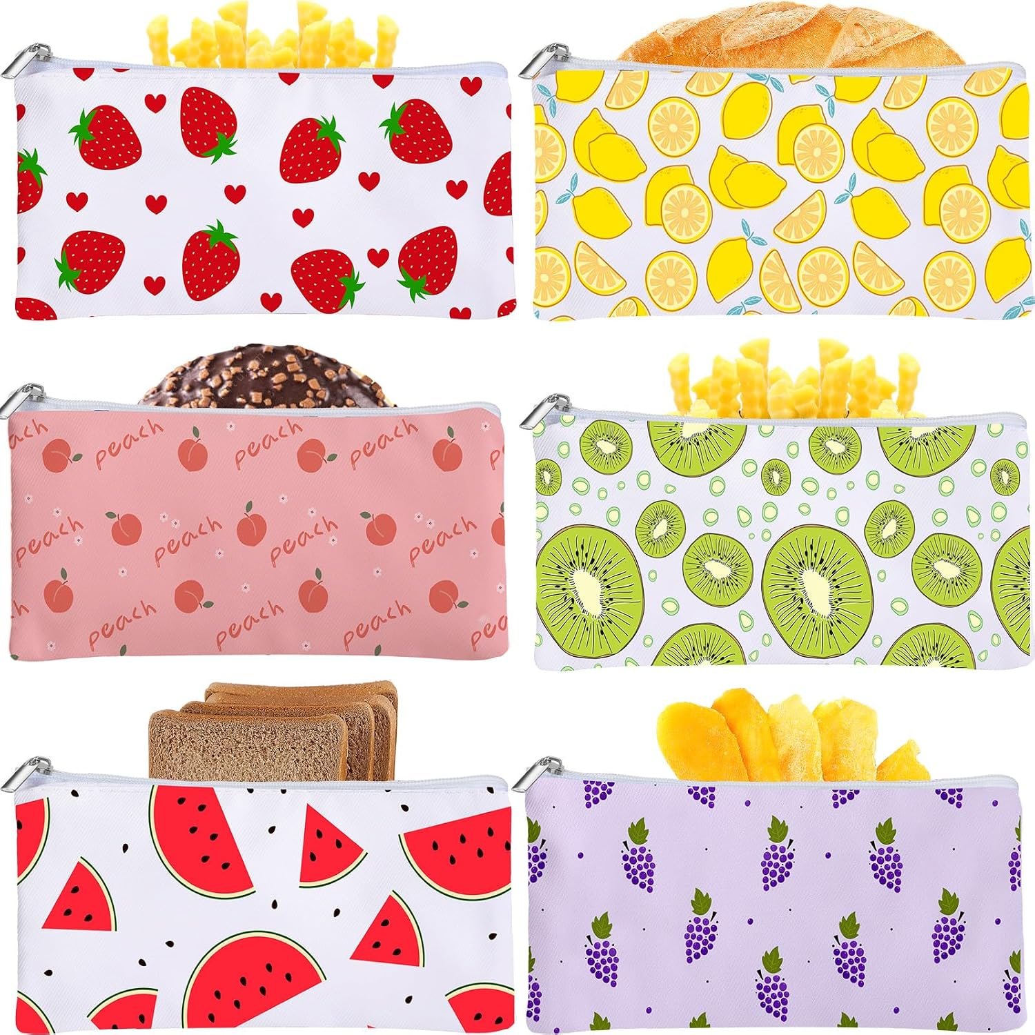 Chumia 6 Pack Reusable Snack Bags for Kids, Washable Sandwich & Food Storage Pouches, Dual-layer Silicone Lined Lunch Bags with Zipper for School & Travel(Fruit,6.9 x 3.7 Inches)