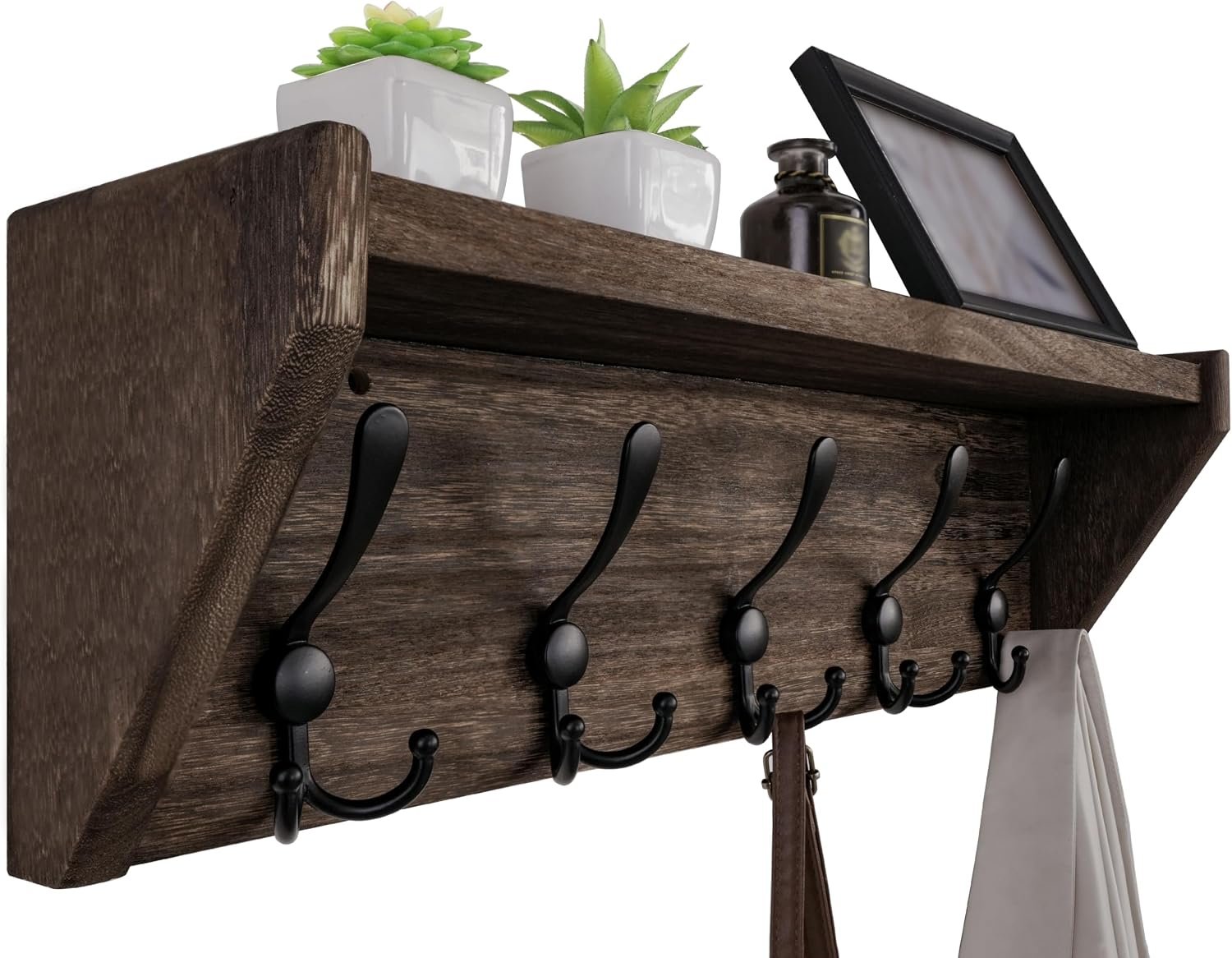 WEBI Coat Rack Wall Mount with Shelf,24″ Long Wall Shelf with Hooks Underneath,5 Triple Hooks for Entryway,Hallway,Bedroom,Weathered Brown