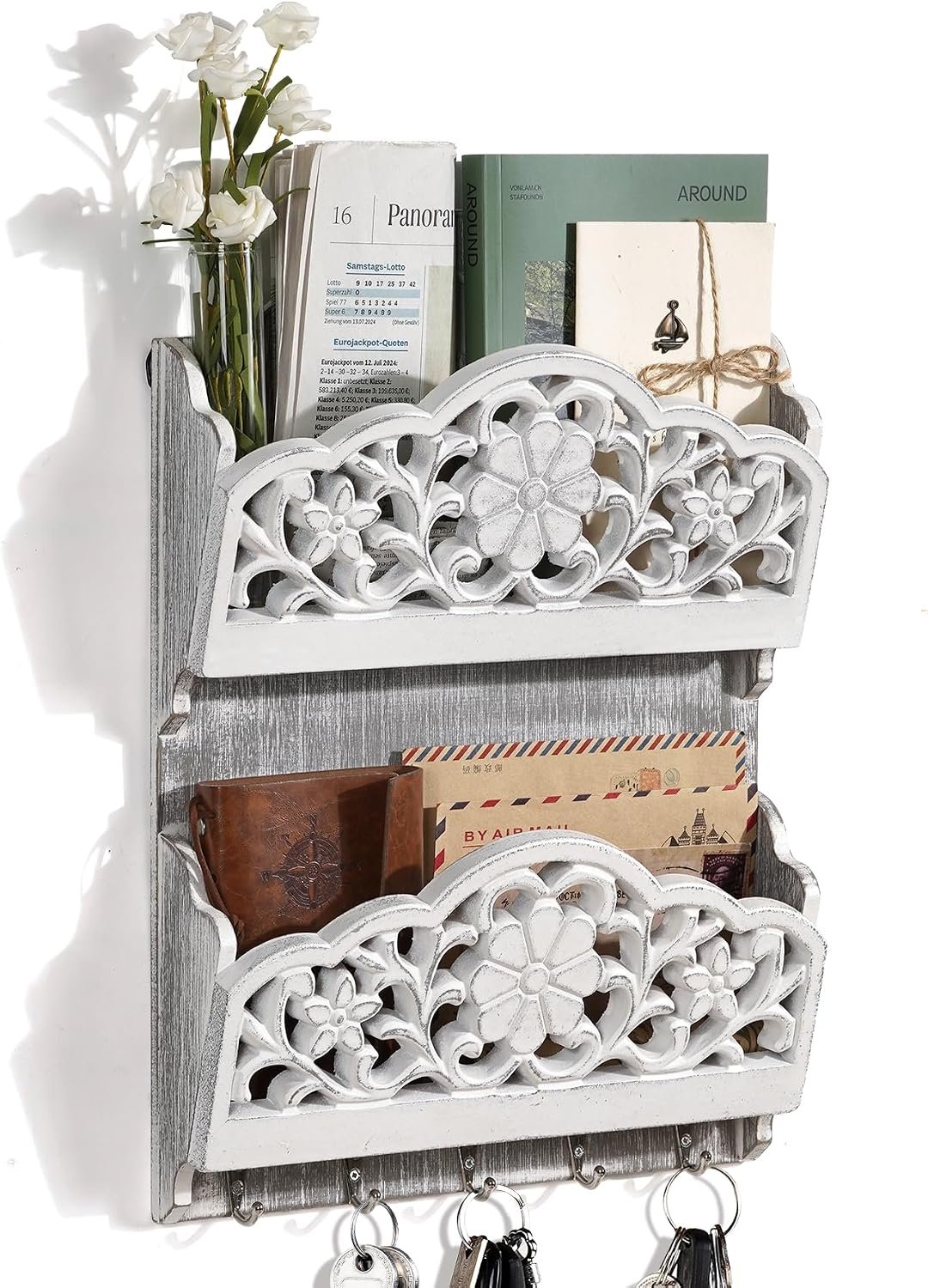 Key and Mail Holder for Wall, 2-Slot Mail Organizer Wall Mount 5 Key Hooks