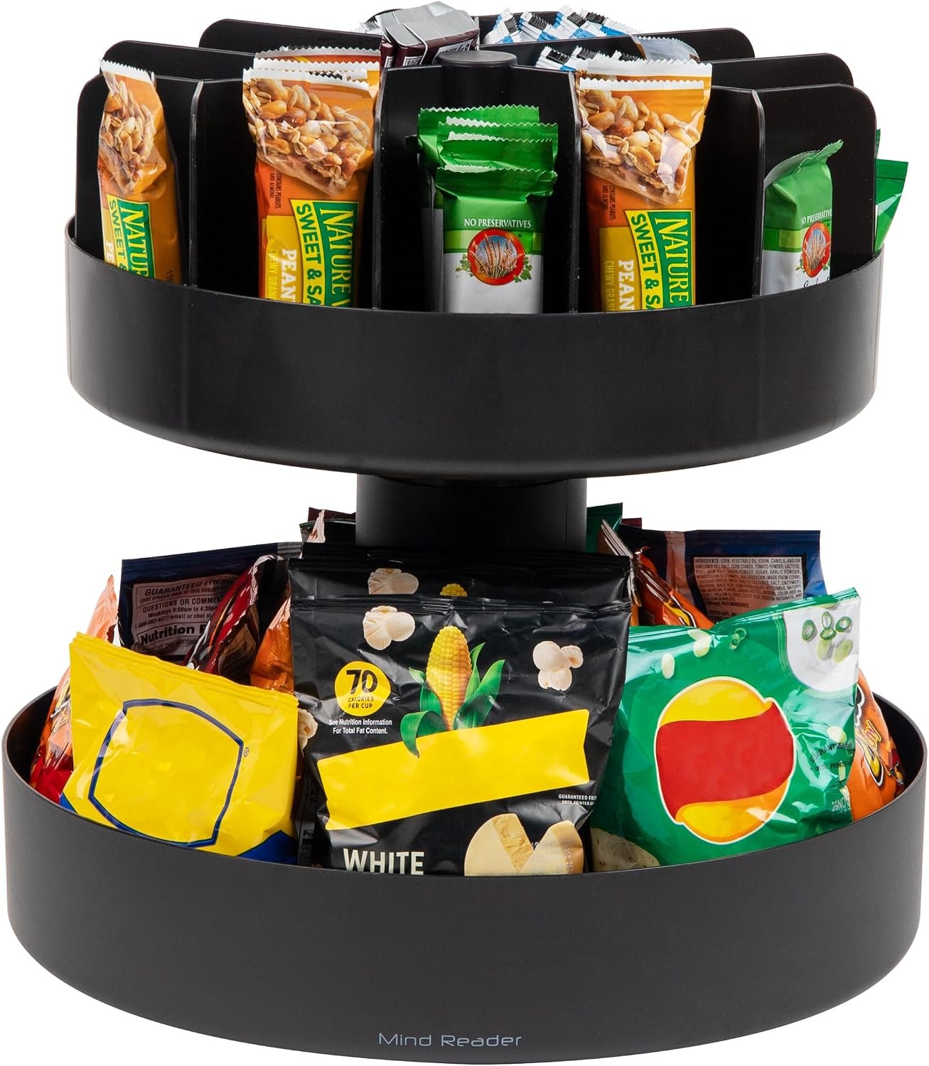 Mind Reader 2-Tier Snack Carousel, Countertop Organizer, Snack Tray, Breakroom, Kitchen, 14.25″L x 14.25″W x 14″H, Black