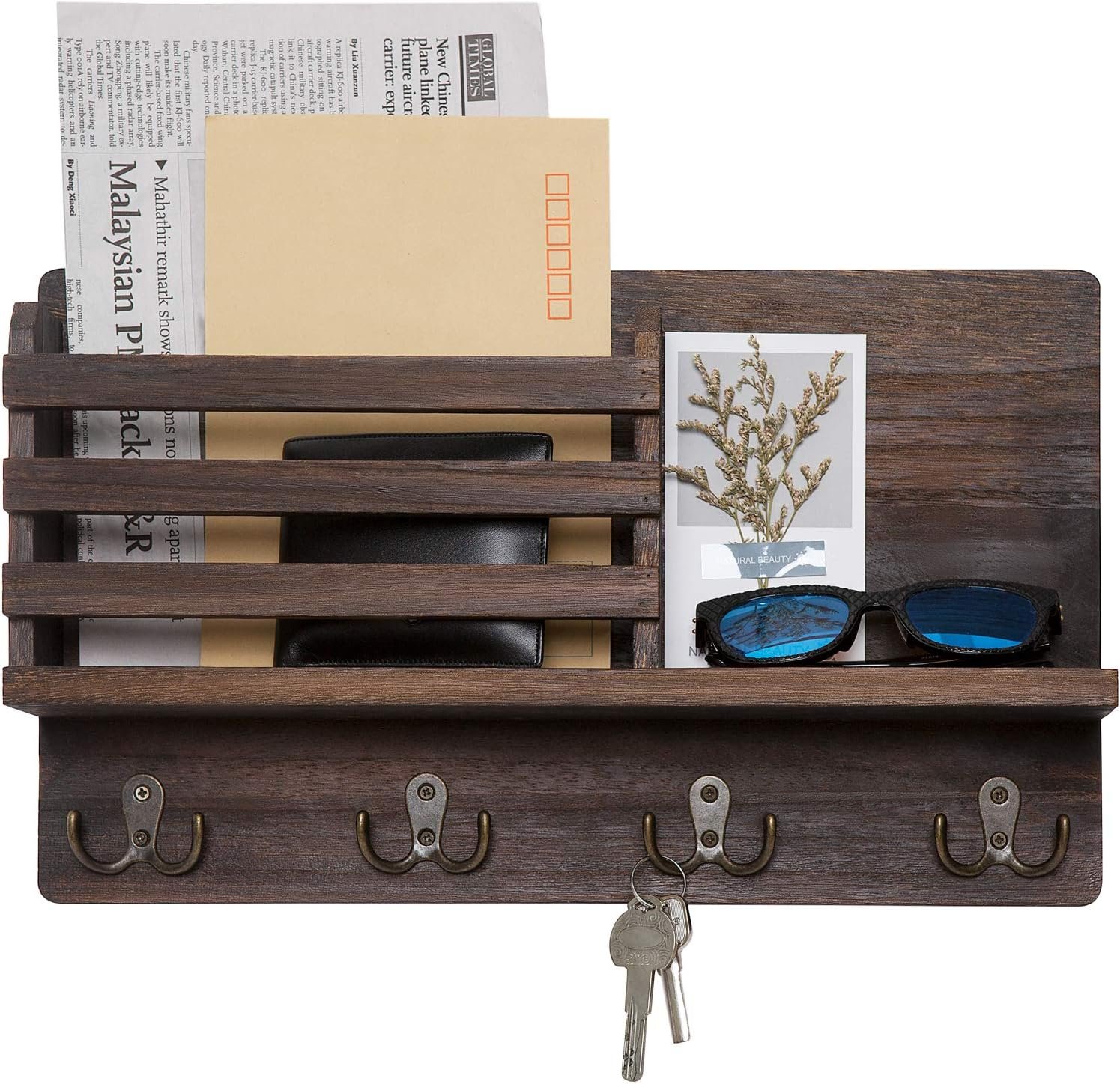 Dahey Key Mail Holder Wall Mounted Wooden Hanger with 4 Double Hooks, Brown