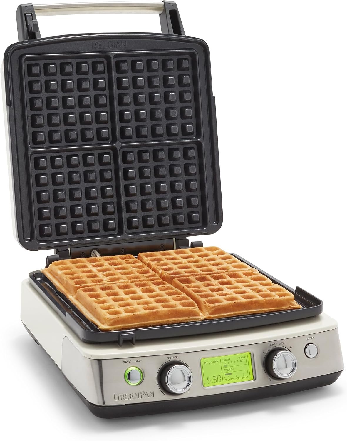 GreenPan Elite 4-Square Belgian & Classic Waffle Maker,Healthy Ceramic Nonstick Dishwasher Safe Plates, Adjustable Shade/Crunch Control, Wont Overflow, Easy Cleanup Breakfast, PFAS-Free, Cream White
