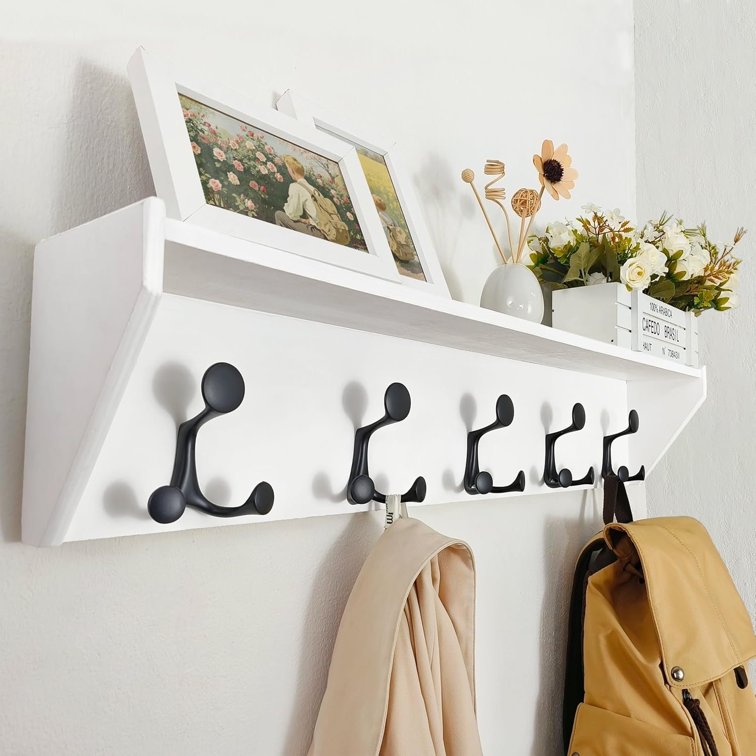 SKOLOO Wall Shelf with Hooks, 35-Inch White Coat Rack Wall Mount with Shelf Organizer – Lightweight & Sturdy​​, 5 Tri Hooks – Perfect for Entryway, Hallway, Living Room, Bedroom, Mudroom