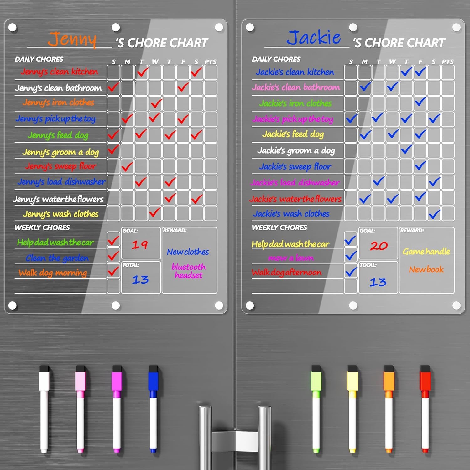 Neatsure Acrylic Magnetic Chore Chart for 2 Kids, Clear Chores Chart for Fridge Refrigerator, Weekly Dry Erase Board for Multiple Kids Teens Adults, w/ 8 Colors Markers, 15″x11″