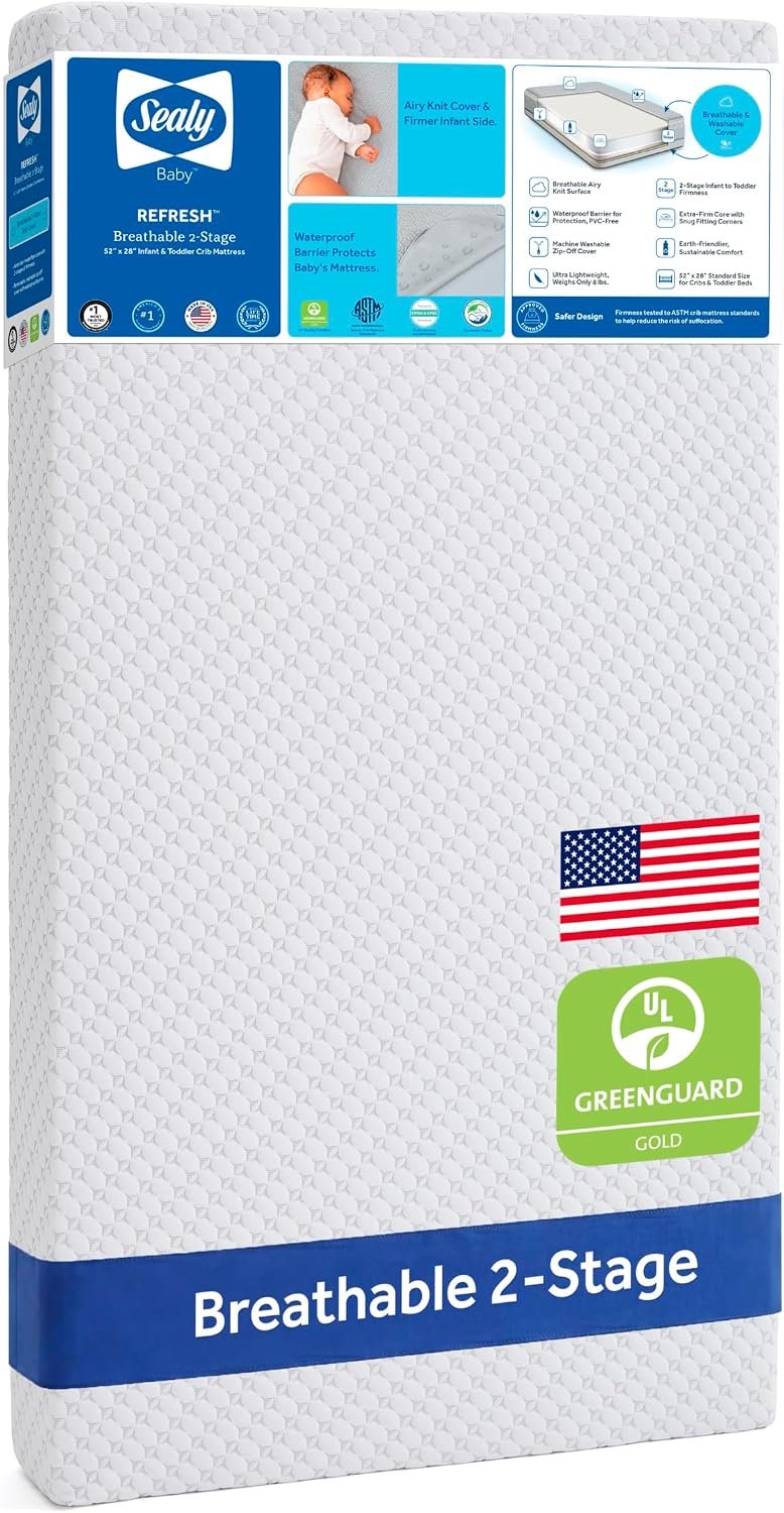 Sealy Baby Infant and Crib Mattress – Refresh 2 Stage, Breathable and Waterproof, GREENGUARD Gold Certified, Made in USA